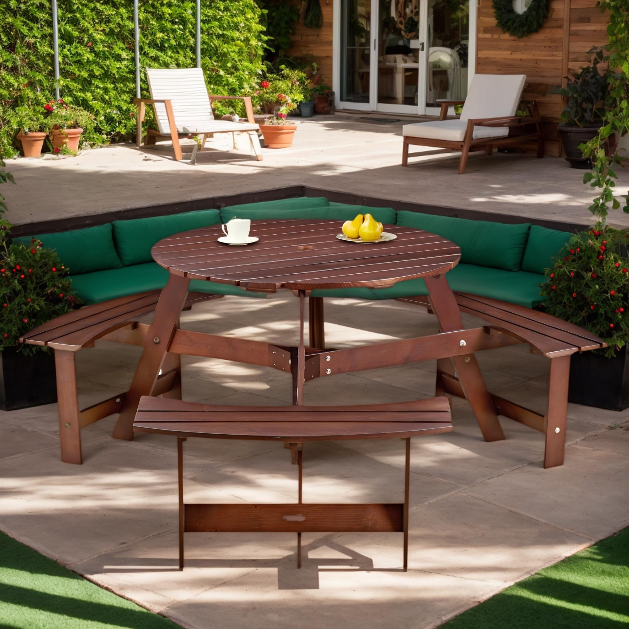 8 Person Wooden Picnic Table, Outdoor Round Picnic Table with 4 Built-in Benches, Umbrella Hole, Outside Table and Bench Set for Patio, Backyard, 500lbs Capacity Per Bench (Brown - 6 Person)