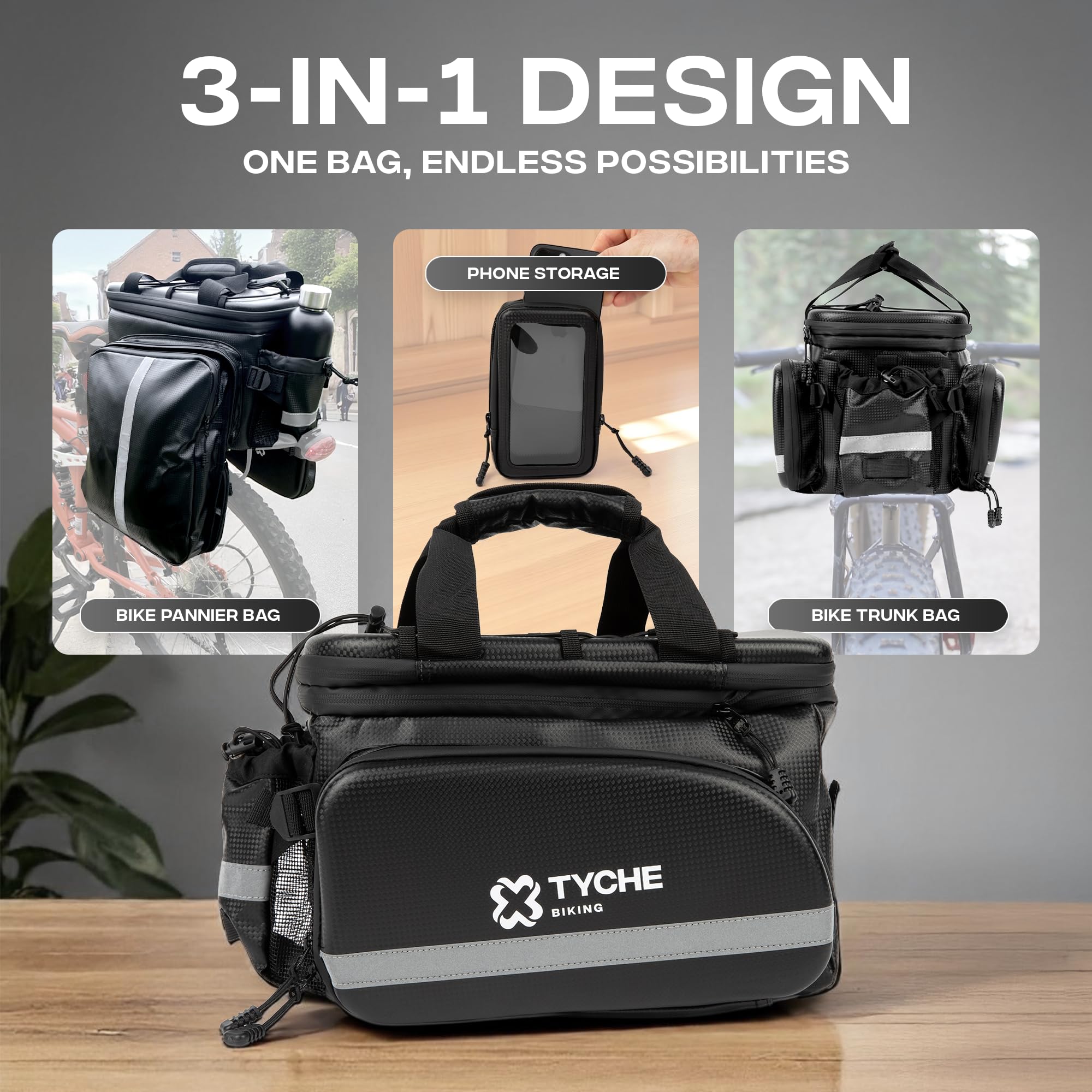 TYCHE Bike Trunk Bag 35L with Panniers and Phone Holder | Hard Shell Waterproof Carbon Leather 3-in-1 Bag | Expandable Cargo Storage & Cooler Interior | Fits Rear Rack for Ebike, Adult Bicycle