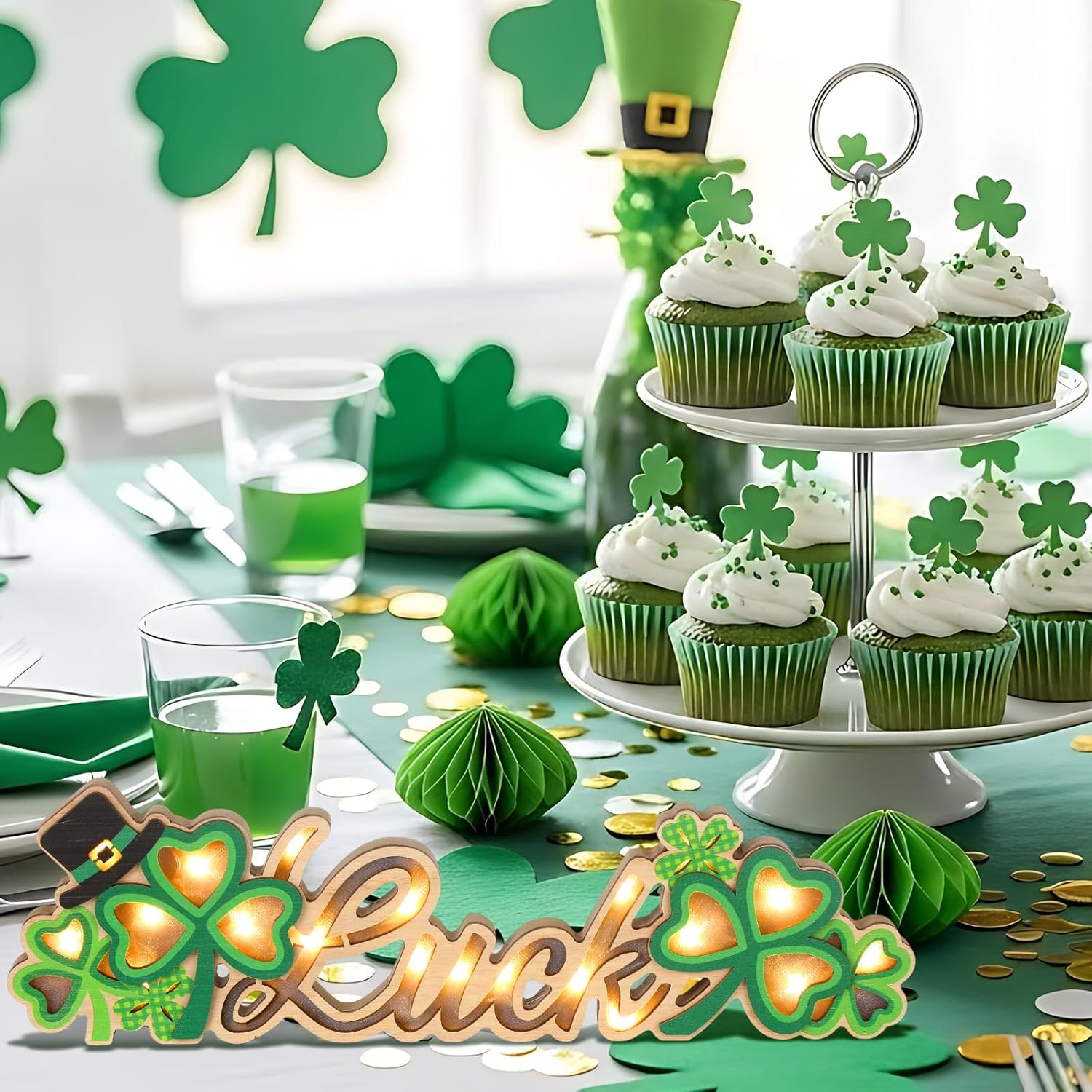 Sieral St. Patrick's Day Wooden Shamrock Decor Lighted Table Sign Table Centerpieces Luck Block Signs Rustic Irish Farmhouse Green Tabletop Decoration with LED Lights for Home Mantel Holiday Party