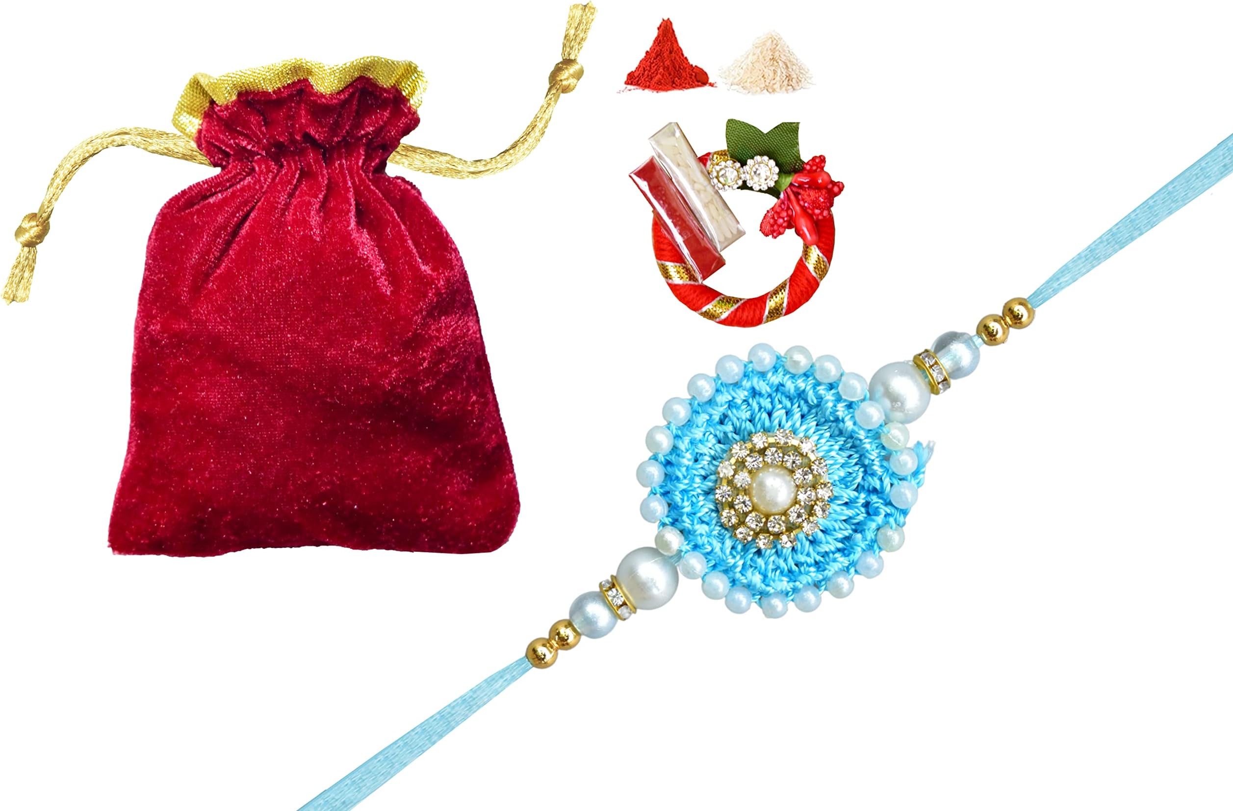 Tarini GalleryRakhi for Brother Bhaiya Bhai Dooj Raksha Bandhan gift Rakhi Thread Rakhi Bracelet with Greeting card gift pack in pouch/Potli bag (Crochet Design)