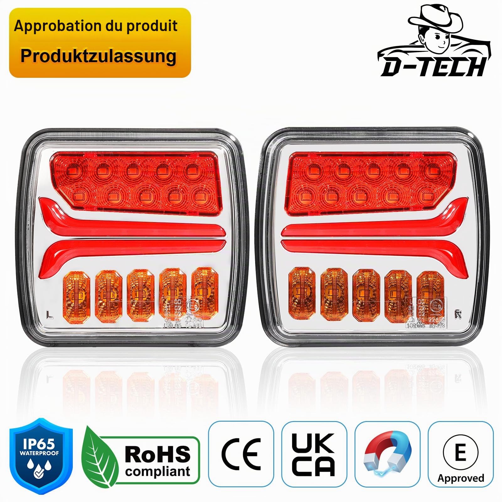 D-TECH Feux arrière de remorque sans fil LED Feux arrière de camion magnétiques sans cable,avec adaptateur remorque 13 vers 7broches,LED feux remorque sans fil magnétique,Homologation ECE R10 EMC