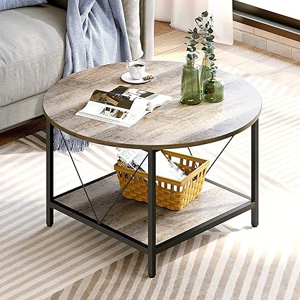 INDIAN DECOR 44626 Round Coffee Table, Rustic Wood Coffee Tables for Living Room with Storage Shelf, Modern Farmhouse Circle Coffee Table Center Sofa Table with Sturdy Metal Legs Home Furniture