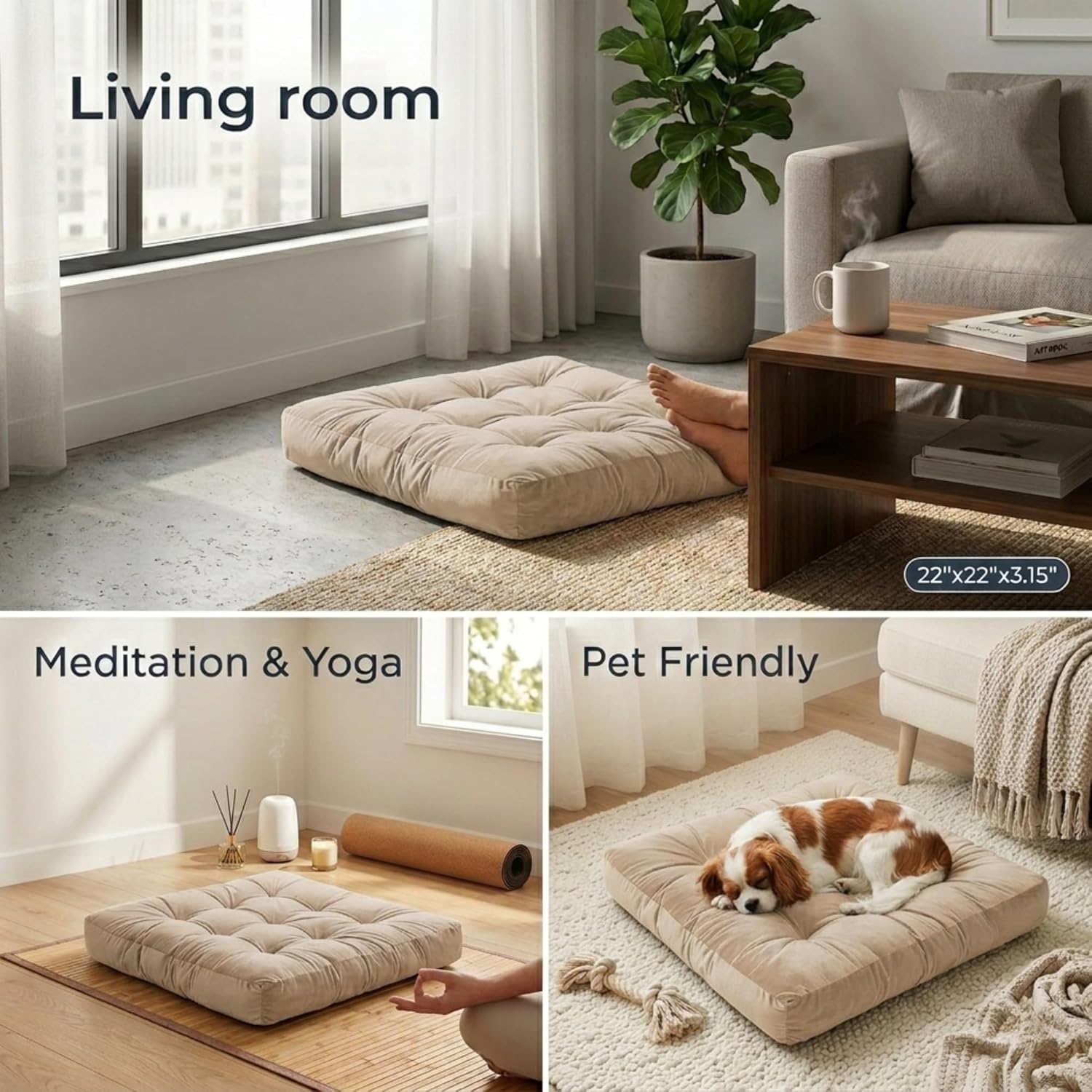 Meditation Floor Pillow Set of 2, Large Velvet Floor Pillows for Sitting, Tufted Floor Seating Cushions for Adults, Big Pillows for Yoga & Living Room, 22x22 Inch, Beige