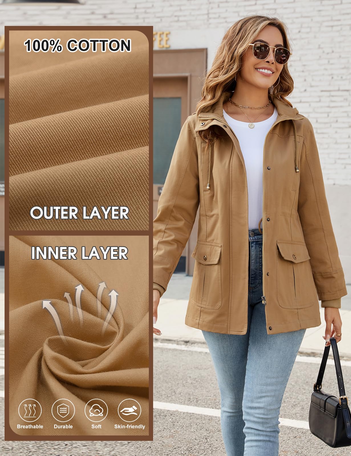 Tuopuda Giacca Primaverile Donna Parka Cotone Militare Cappotto Leggera Utility Jacket Giubbotto con Cappuccio Casual con Zip Antivento Staccabile Giacche Giaccone Outdoor