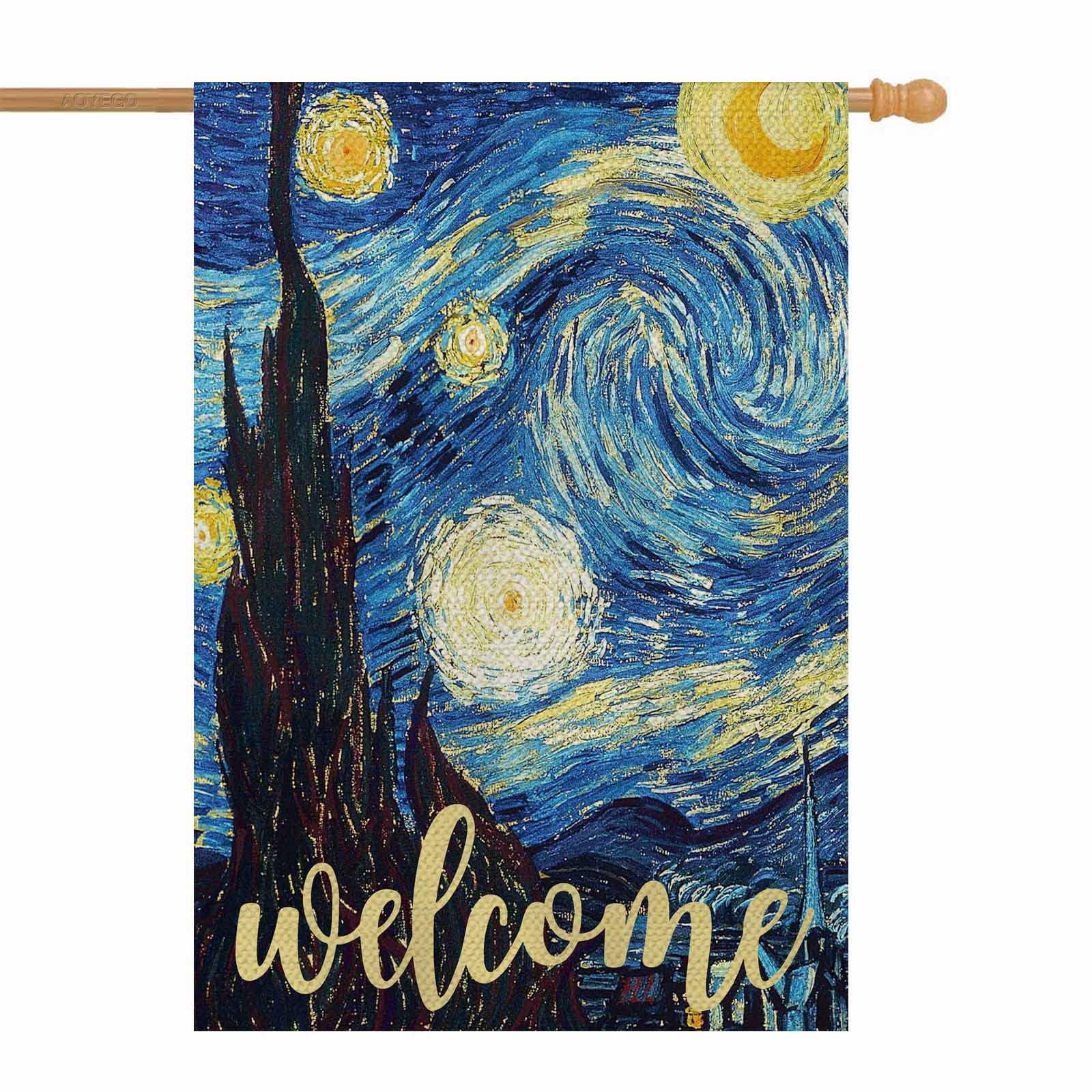 AOYEGO Starry Night Welcome House Flag Vertical Double Sided Burlap Farmhouse Yard Outdoor Seasonal Flags Decoration 28 x 40 Inches