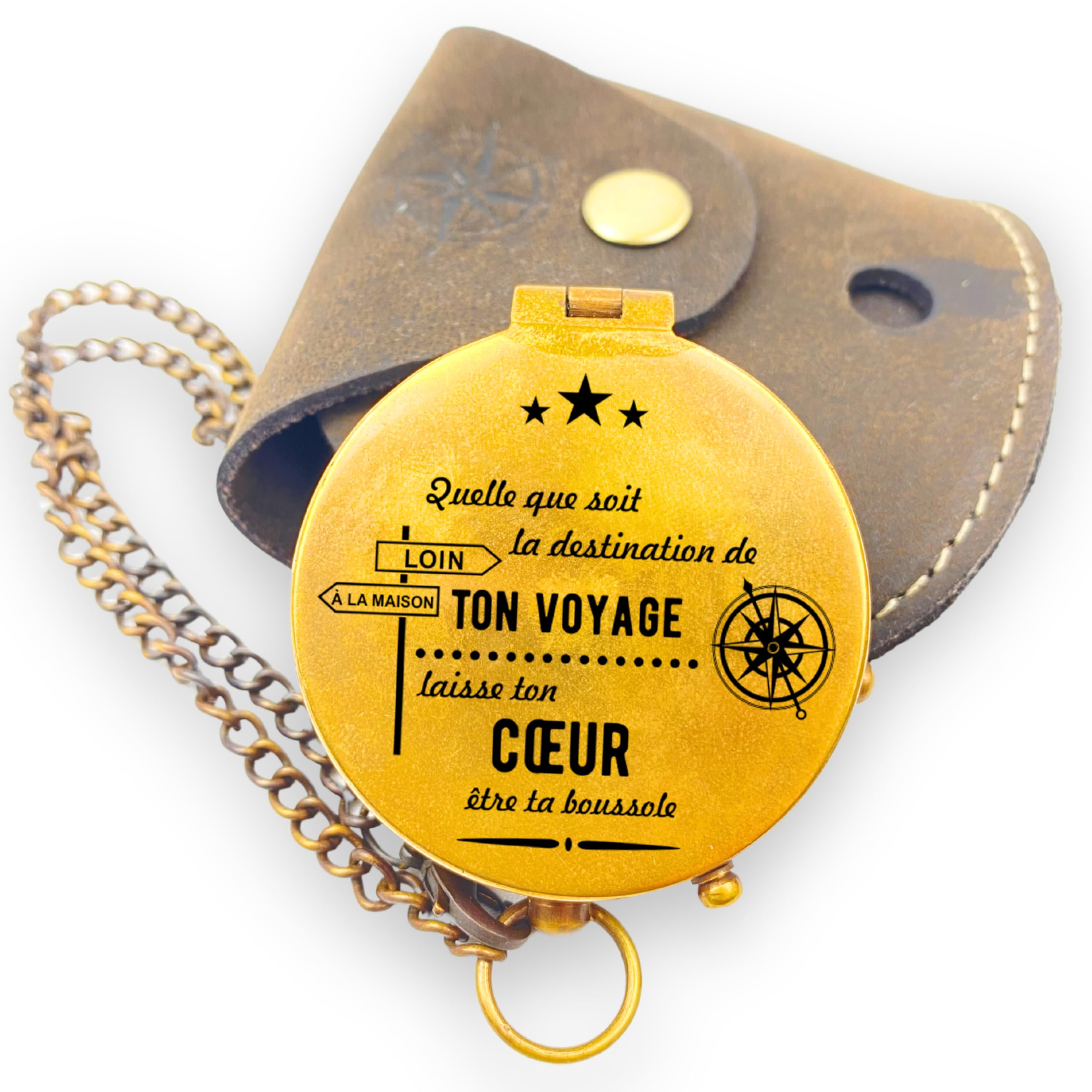 Boussole personnalisée avec gravure et texte au choix - Différents designs - Étui en cuir en laiton - Superbe idée cadeau