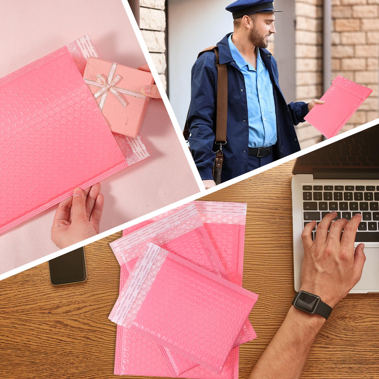 Lot de 100 enveloppes à bulles en papier kraft - 3 tailles - Rembourrées - Enveloppes d'expédition en polyéthylène - Pour CD, livres, fournitures professionnelles (rose)