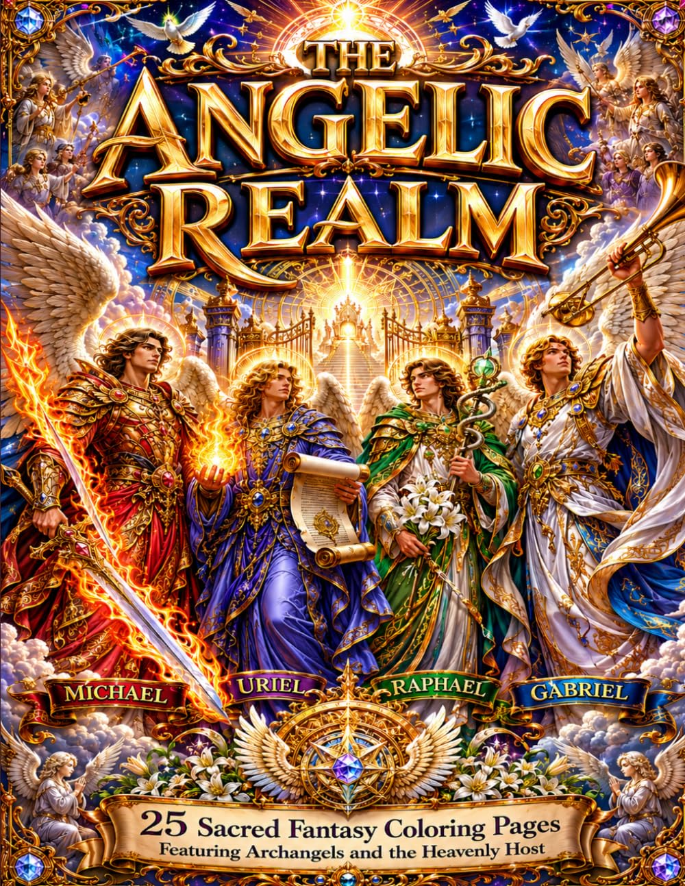 The Angelic Realm: 25 Sacred Fantasy Coloring Pages Featuring Archangels and the Heavenly Host