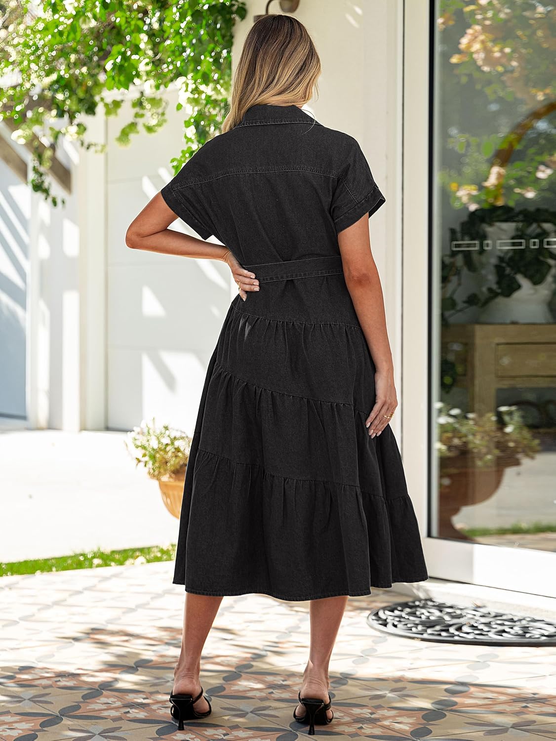 BerryGo Womens Summer Denim Shirt Dress Casual Belted Short Sleeve Button Down Flowy Midi Jeans Dresses with Pockets - Image 6