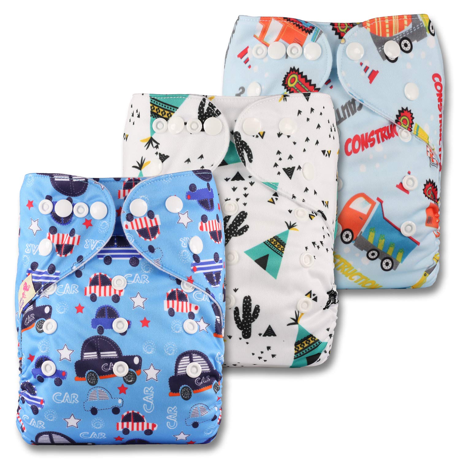 Littles & Bloomz, Reusable Pocket Cloth Nappy, Fastener: Popper, Set of 3, Patterns 332, with 3 Bamboo Charcoal Inserts