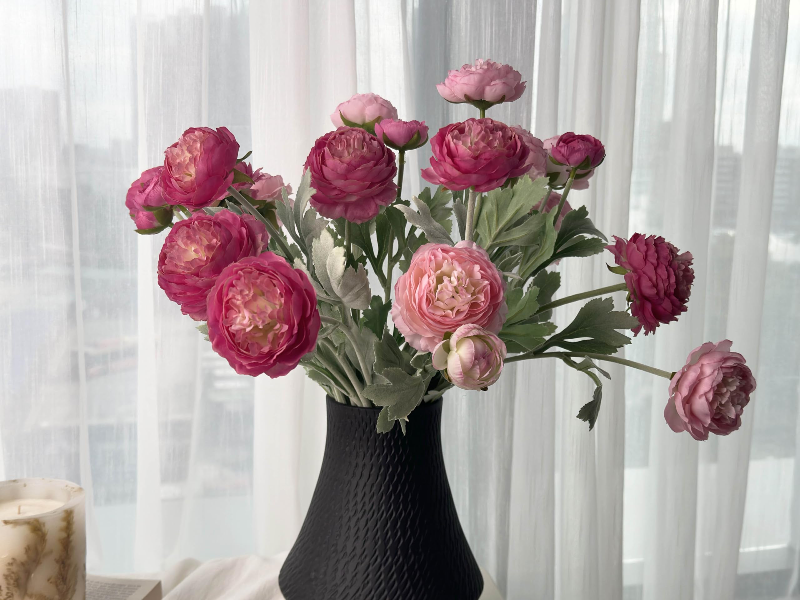 7pcs Pink & Hotpink Peony Artificial Flower Stems for Home Office Decor | Silk Ranunculus Flowers, Adjustable Fuzzy Stem for Indoor Table Centerpiece,