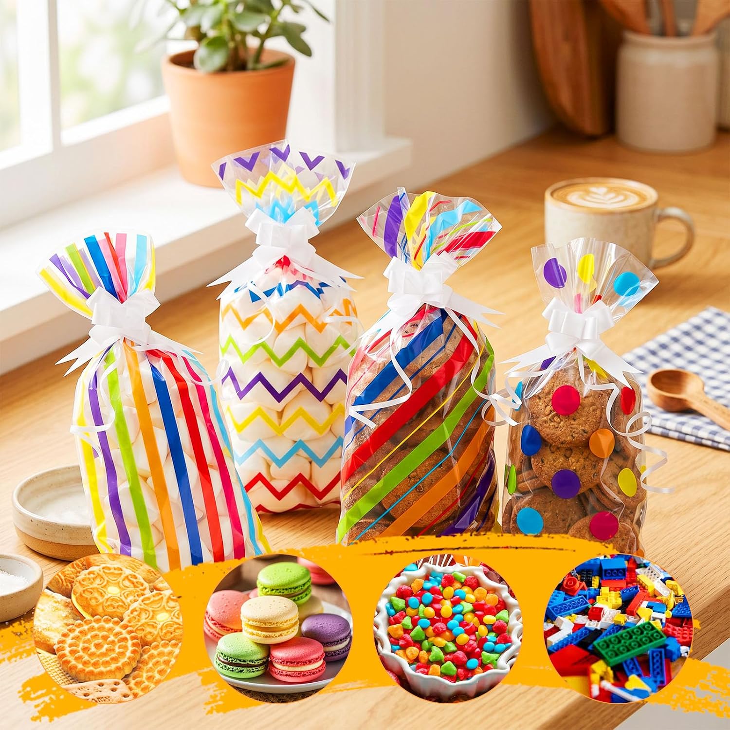 GIFTBOLSA 100 PCS Rainbow Cellophane Treat Bags,5.1 x 10.6 Inches,Clear Cookie&Candy Gift Bags with Twist Ties and Bows for Birthday,Holiday,Party,Easter,Christmas,New Year and Wedding Decorations