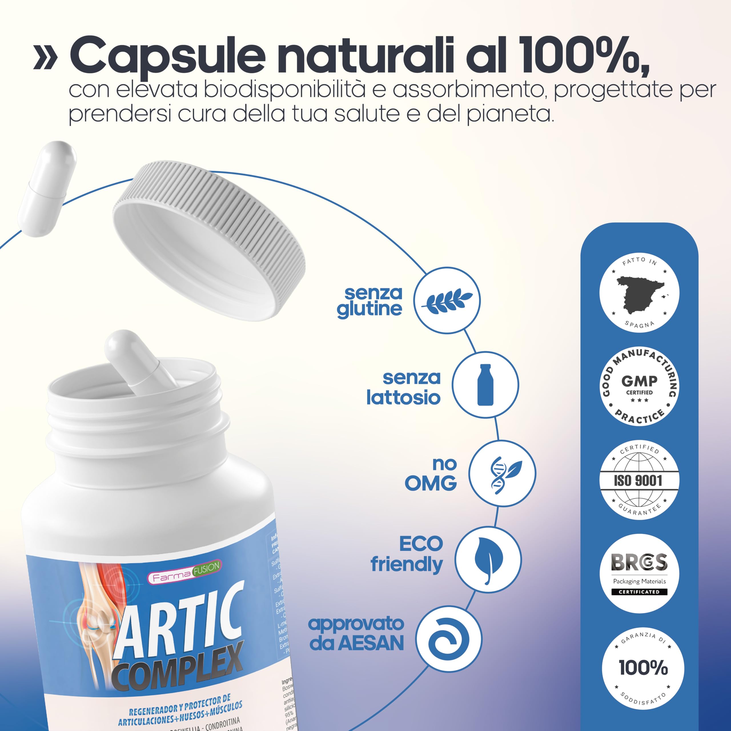 Farma Fusion Artic Complex | Curcuma, Glucosamina, Condroitina e Collagene | Elimina il dolore di muscoli, articolazioni e Ossa | Antinfiammatorio con azione analgesica | Ripara le Articolazioni 90u