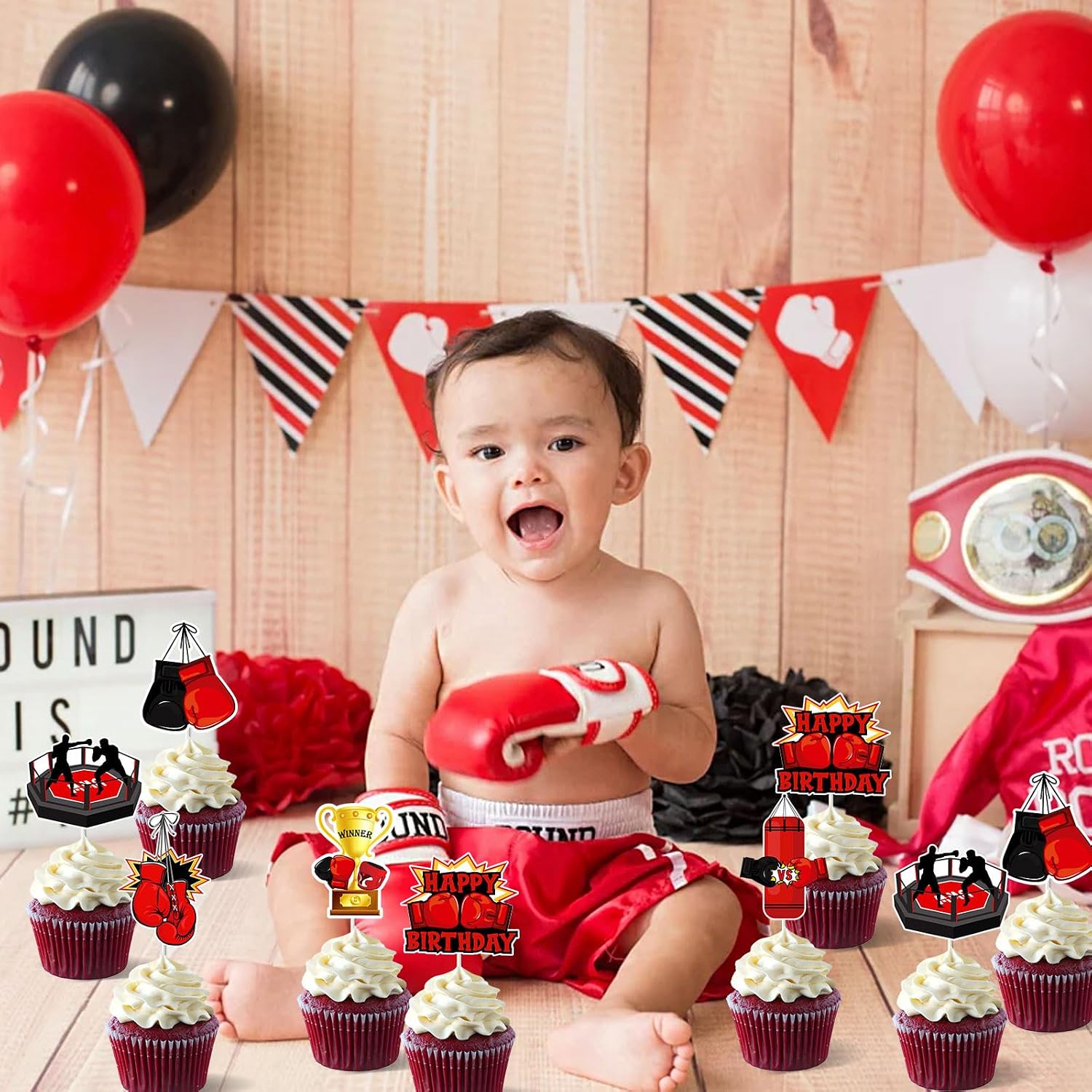 Boxing Cake Topper Decoration 36PCS Red Boxing Happy Birthday Cake Topper Boxing Wrestling Party Supply for Gloves Sports Boxing Party Fight Wrestler Baby Shower 1st 2nd 3rd Birthday