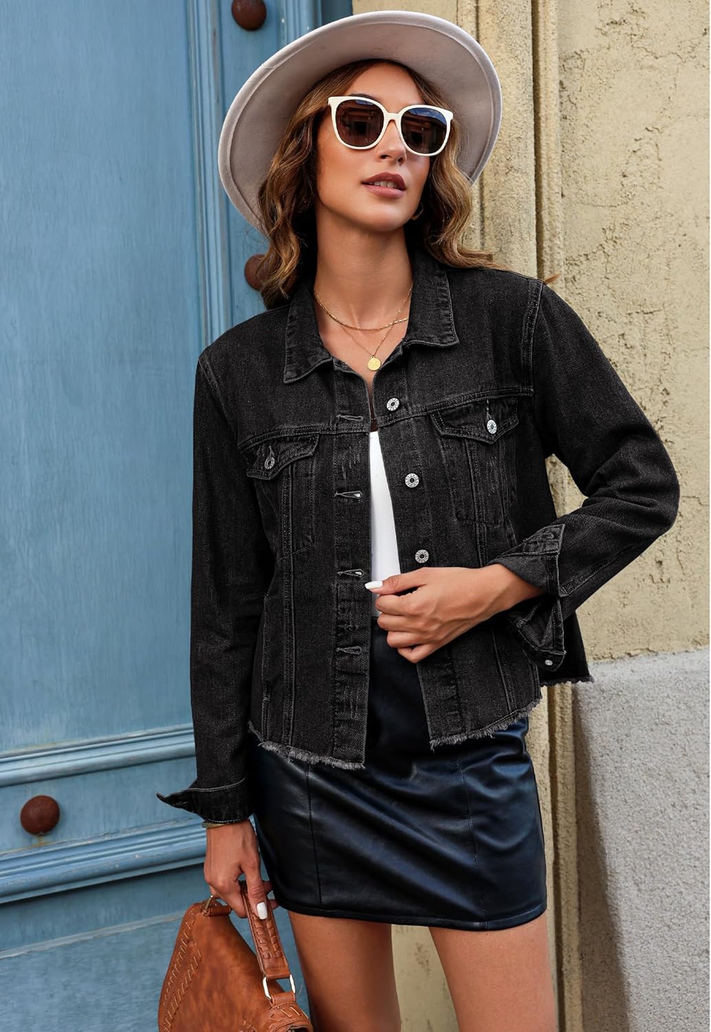 luvamia Denim Jacket for Women Distressed Jean Jackets Button Up Vintage Western Trucker Jacket Frayed Hem Pockets - Image 3