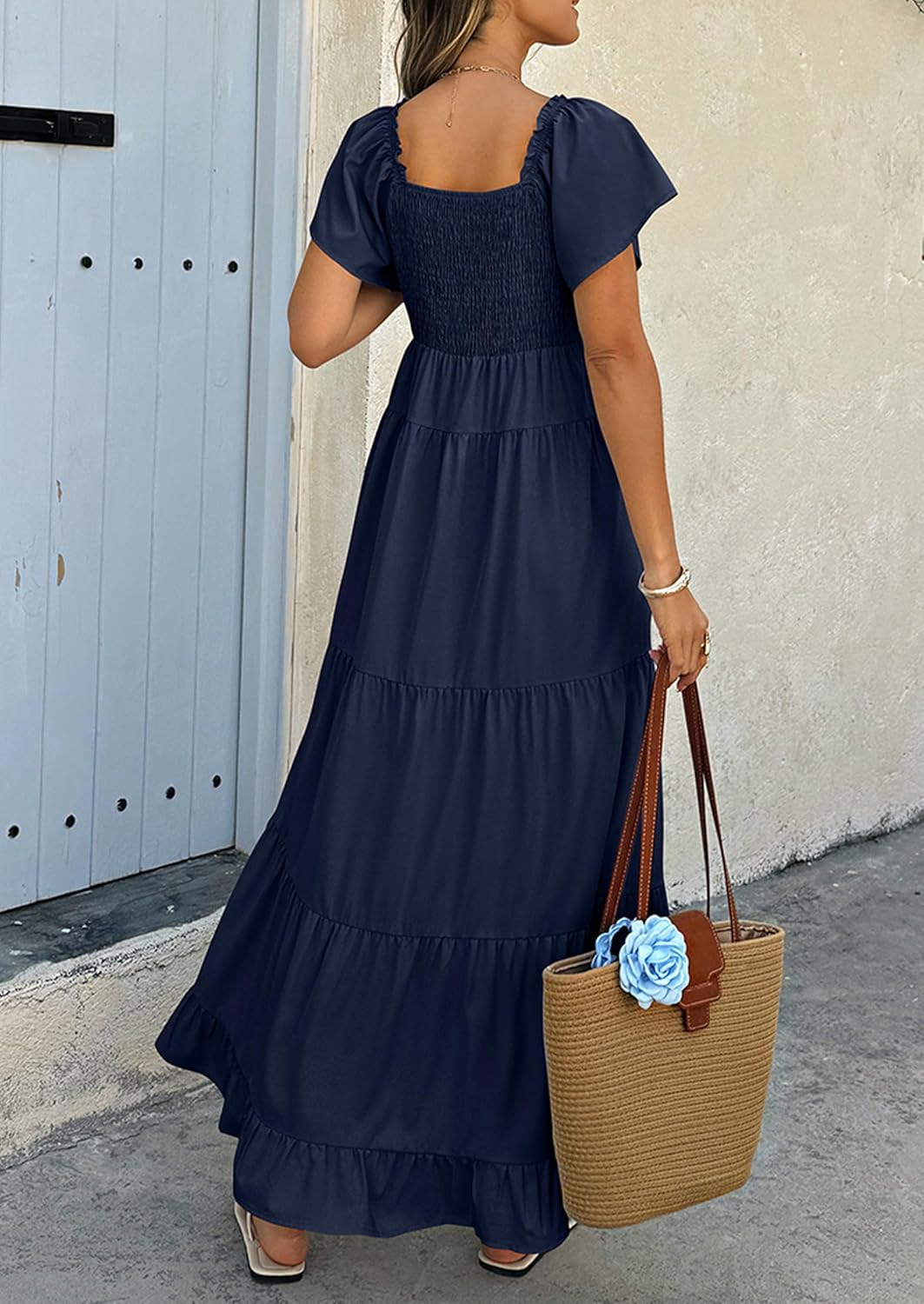 ECOWISH Womens Summer Maxi Dress 2026 Flutter Short Sleeve V Neck Tie Front Wedding Guest Vacation Tiered Flowy Dresses - Image 4