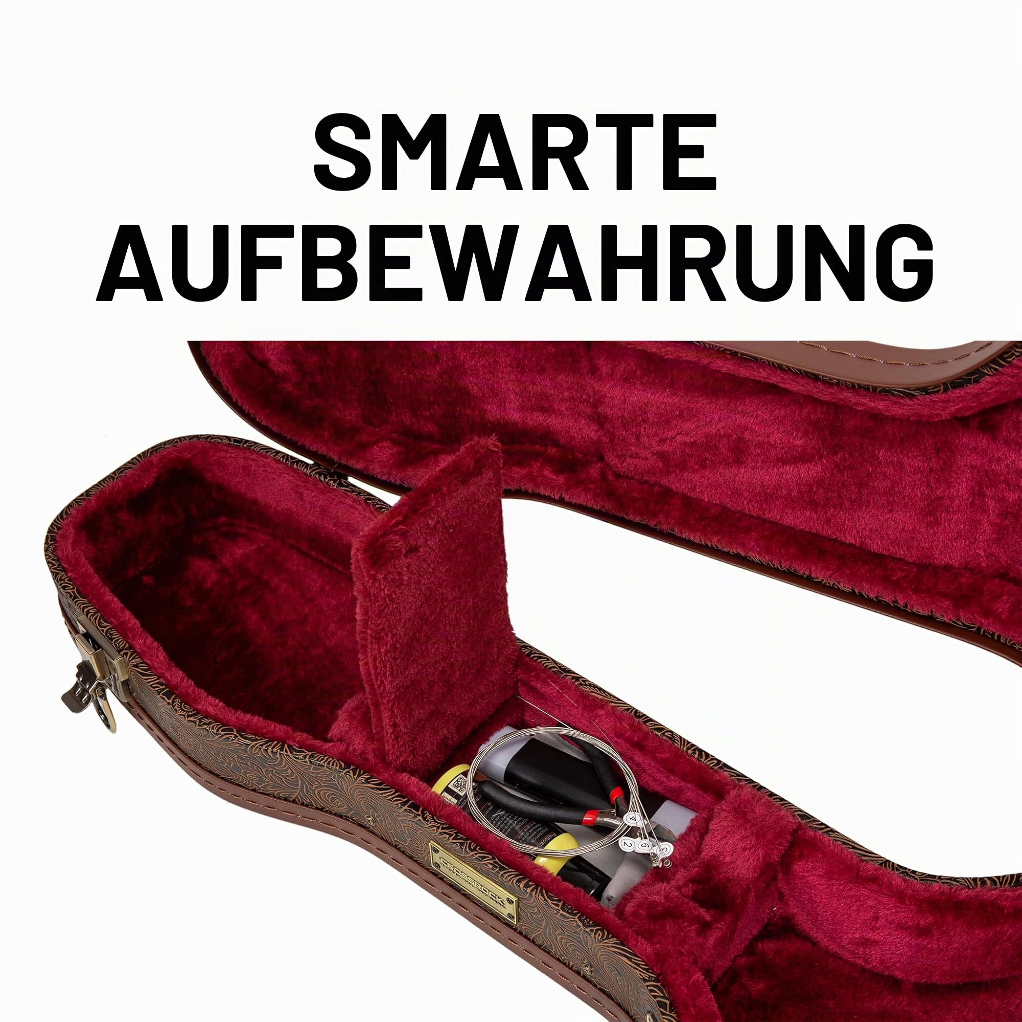 Crossrock Konturierter Koffer für E-Gitarren aus Holz für Fender Stratocaster und Telecaster, Blütenbraunes Finish, burgunderroter Samt-Innenraum, Schloss – Designer-Serie (CRW530STBQ)