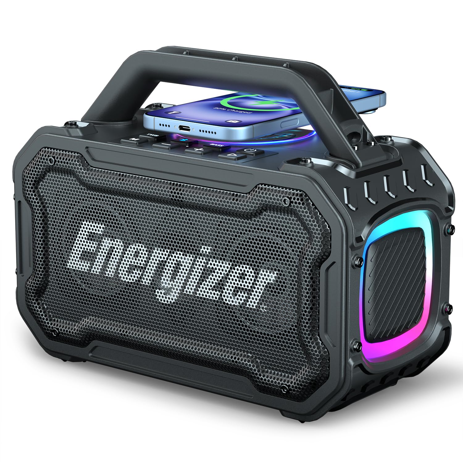 Energizer Outdoor Bluetooth Speakers, 100W Peak Portable Wireless Speaker | Boost Bass, 24H, BT5.4, Wireless Charging, IPX6 Waterproof, TWS, RGB Lights for Beach, Camping, Jobsite, Tailgate, Garage