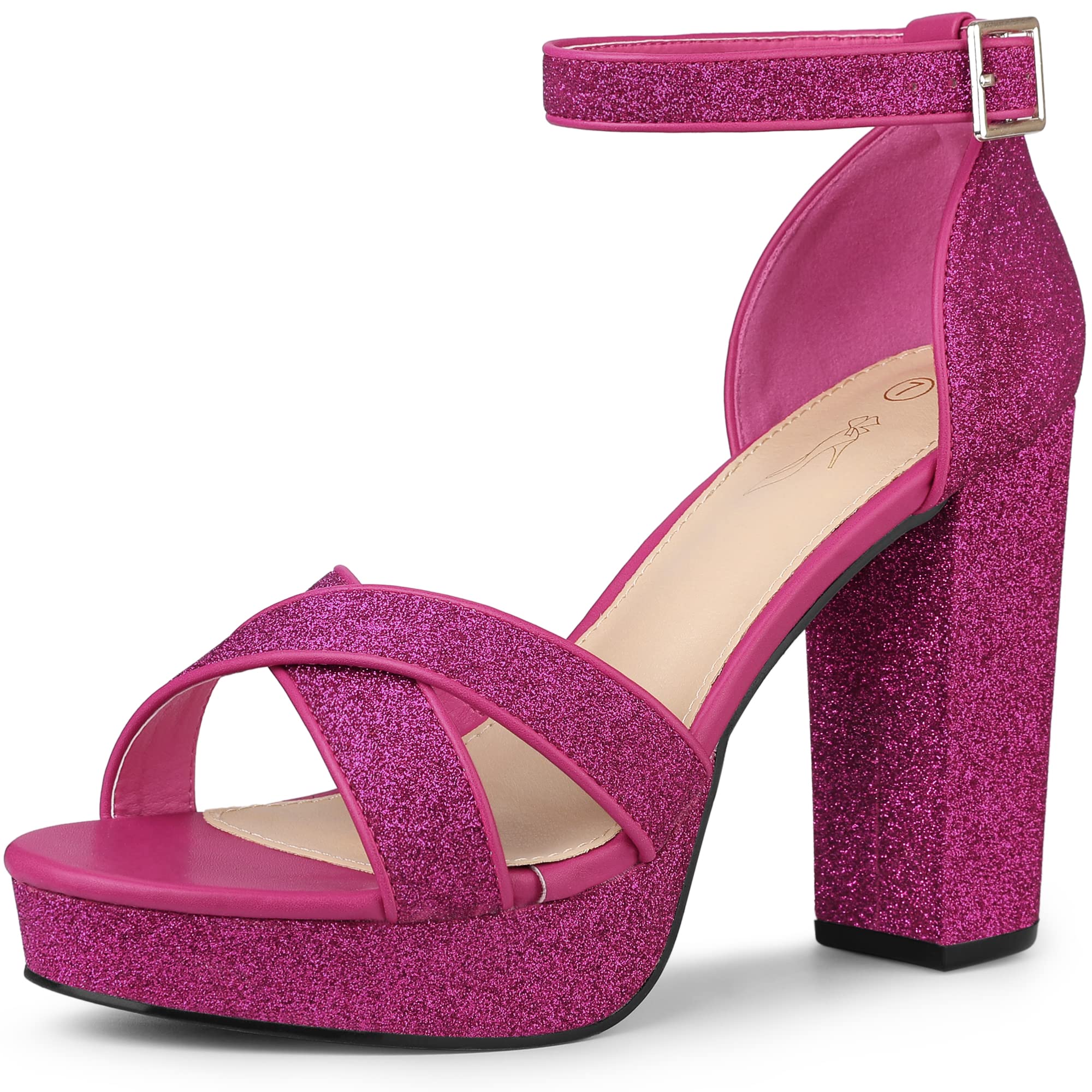Amazon.com | Perphy Hot Pink Glitter Platform Heel Crisscross Strap Chunky Heels  Sandals for Women 6 M US | Heeled Sandals