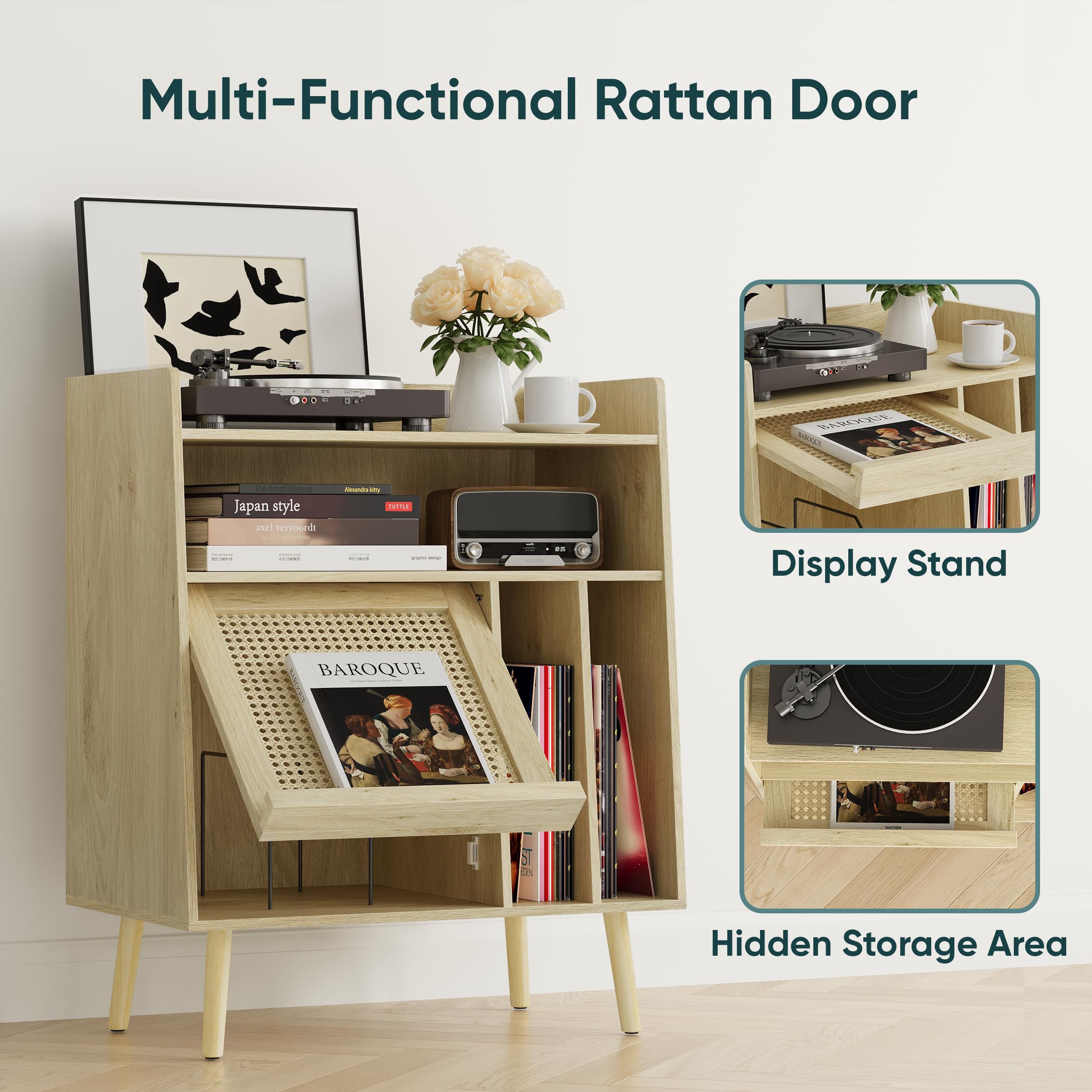 Semiocthome Giradischi con funzione di conservazione in vinile, supporto per dischi con ante in rattan e gambe in legno massello, adatto per giradischi. (grande)