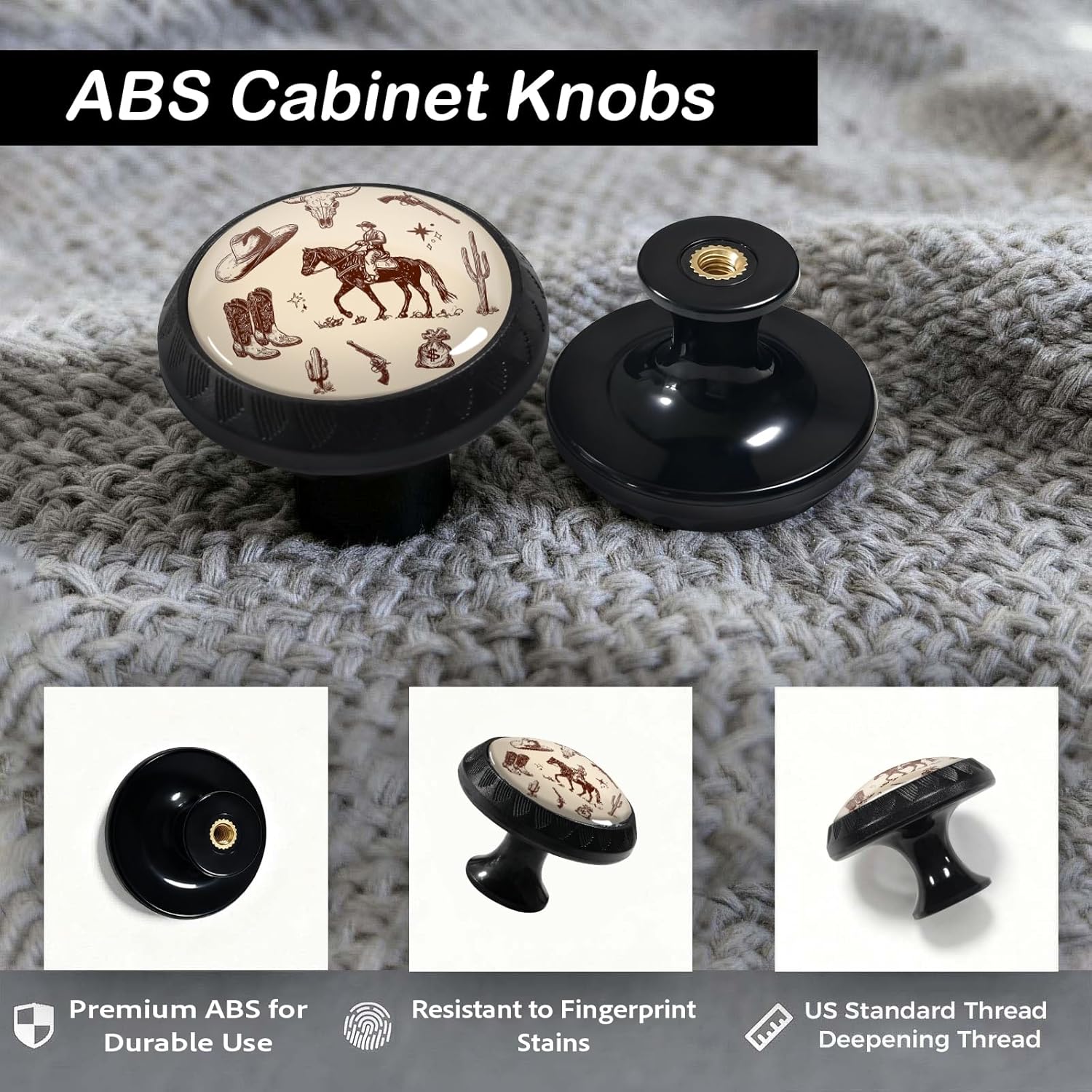 4 Pack Vintage Western Cowboy Cabinet Knobs Round Drawer Pulls Black Dresser Knob Cupboard Door Handles Hardware for Kitchen Bathroom Cabinets