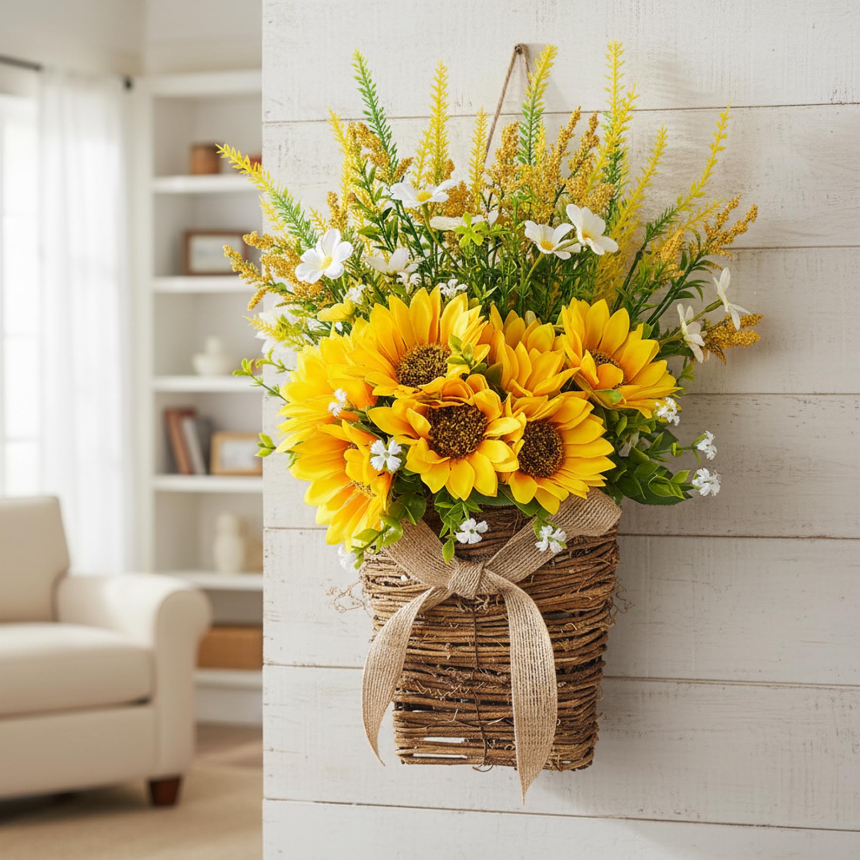 Couronne de Panier pour Porte d'entrée, Couronne de Printemps avec tournesols et nœud en Toile Jute, décoration Murale intérieure et extérieure Ferme Jaune (32 cm), Printemps
