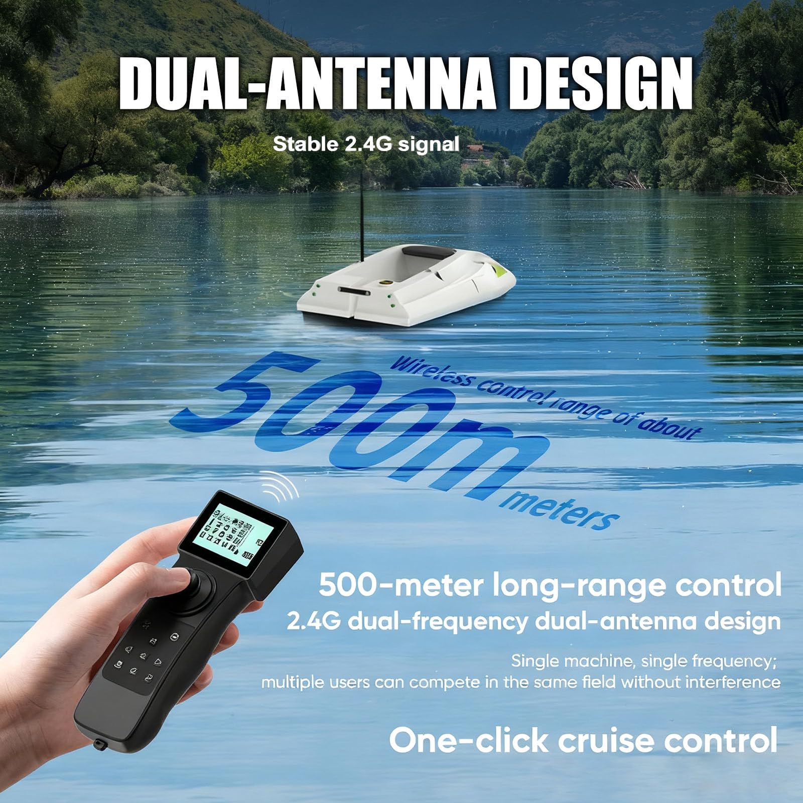 Barca da Pesca radiocomandata 500M con Esca - Tramoggia da 2 kg, 100 memorie, Ritorno Automatico, Doppia Batteria, Controllo a 3 velocità e Luce LED per Laghi e stagni