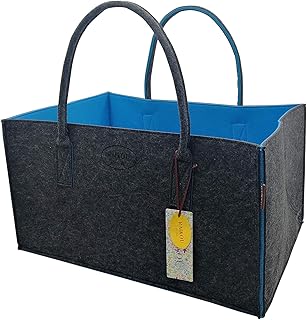 RAIKOU Sac en Feutre,les sacs à provisions,Sac à bûches,Porte-revues de cheminée,Peut également être utilisé pour les jouets,le jardin,le pique-nique (50x25x25cm,Anthracite/Bleu)