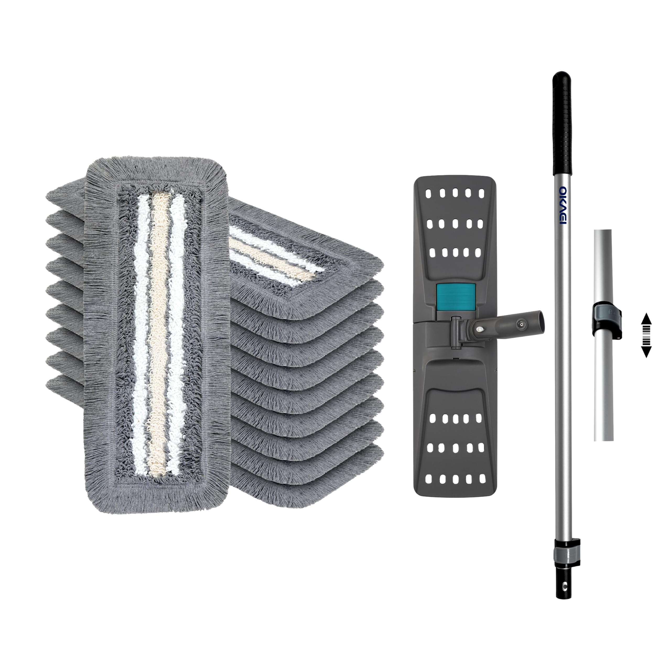 OKAEI Wischmop-Komplettset 40 cm – 10er Spar-Set: 10× Bezug Grau-Weiß-Beige + Klapphalter & Alu-Teleskopstiel – Für Feucht- & Nassreinigung – Ideal für Haushalt & Gewerbe