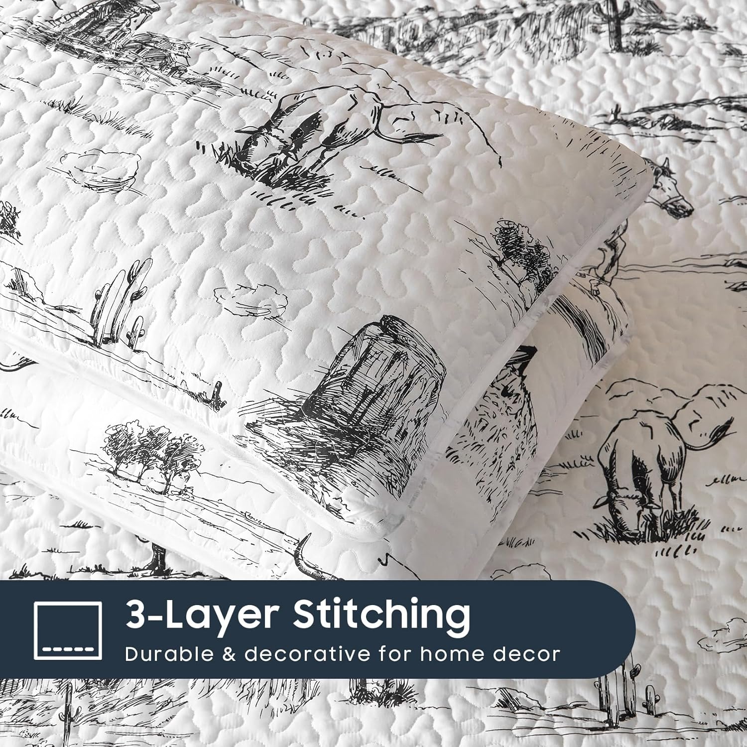Wake In Cloud - Western Quilt Set, Rustic Ranch Life with Cowboy Southwestern Vintage Country Pattern Printed, Reversible Lightweight Bedspread Coverlet, 3 Pieces, Black White, Queen/Full Size - Image 6