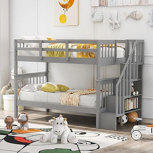 Miniatura 148 de Merax Litera de escalera individual sobre matrimonial con nido, escalera de almacenamiento y barandilla de longitud completa, litera de