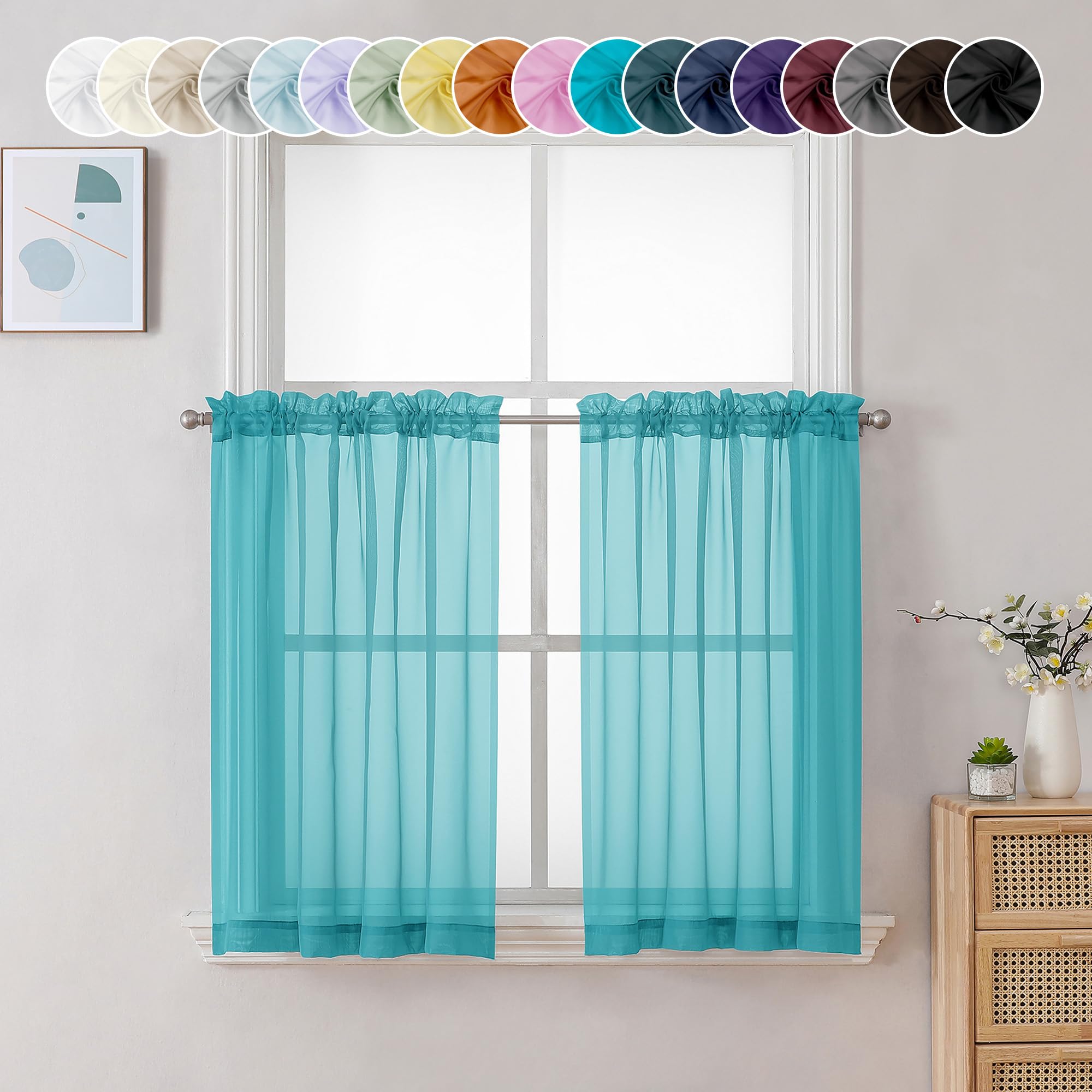 Chyhomenyc Sheer Turquoise Tier Curtains 24 Inch Length, Small Window Treatment for Bathroom Living Room Basement, Short Rod Pocket Cafe Curtain, 42W x 24L Inches, 2 Panels