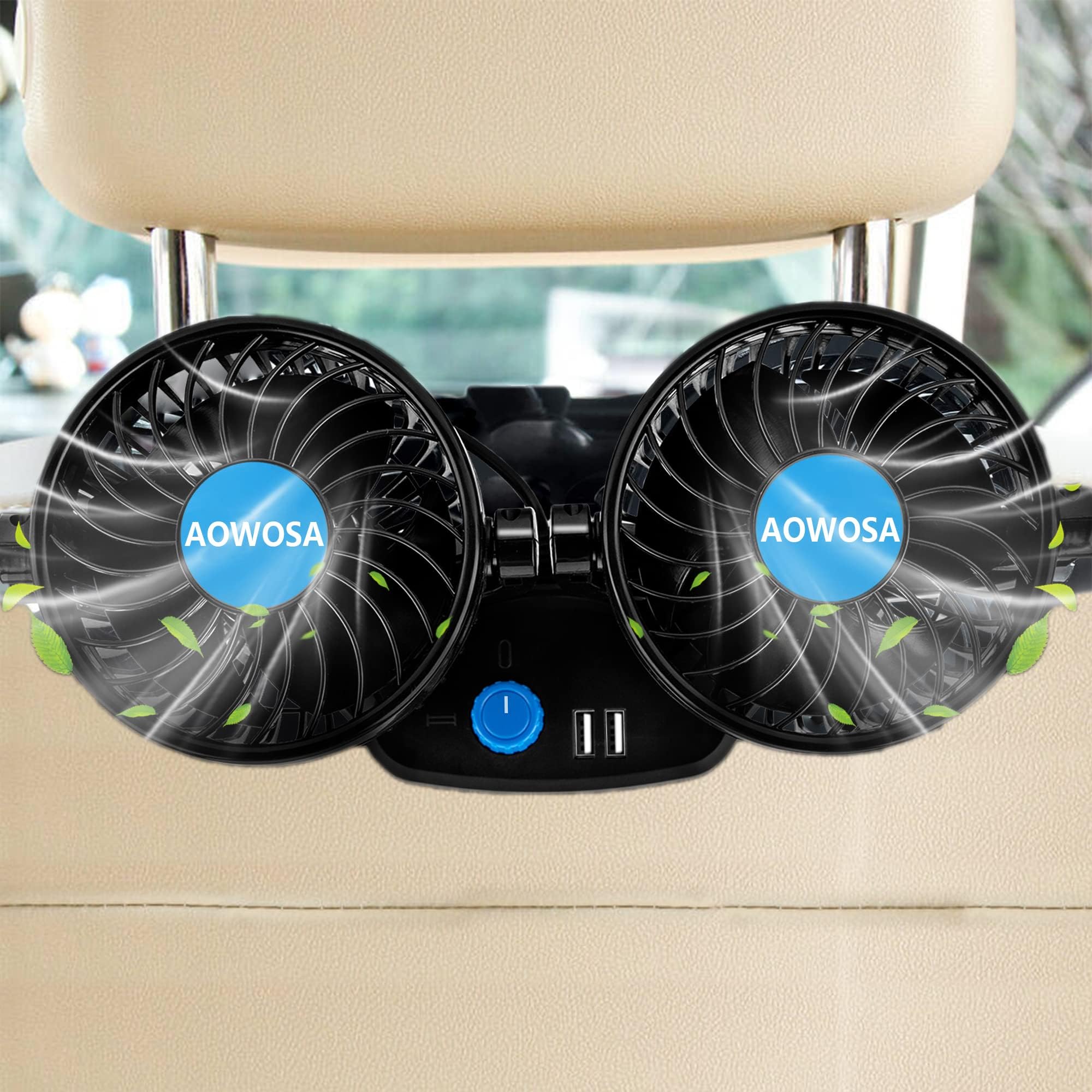 Car Fans 12V Electric Cooling Rear Seat Headrest Vehicle Fan with Cigarette Lighter Plug 2 Speed, 360 Degree Adjustable Dual Head Automobile Fan for Truck Van SUV RV Boat Auto