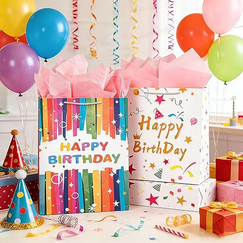 Miniatura 3 de SHIPKEY Paquete de 2 bolsas de regalo extra grandes con papel de seda rosa, bolsas de regalo arcoíris de 16.5 pulgadas para cumpleaños, Navidad y