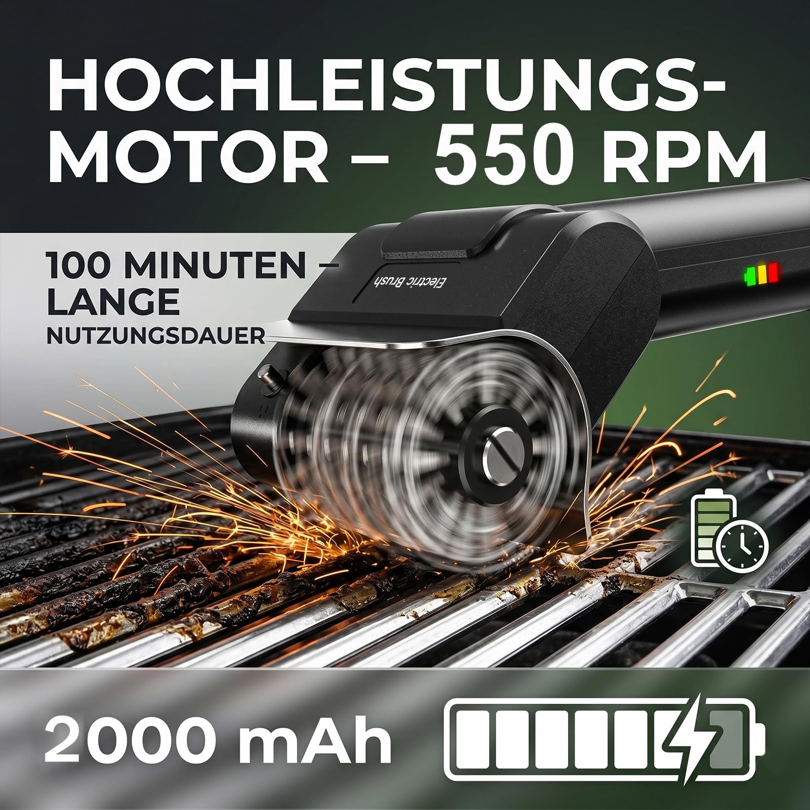 Elektrisches Grillbürstenkabelloser Reiniger mit 2000mAh Akku, 550U/min Motor & Doppelsicherheitsschloss, Kabelloser BBQ Grillreiniger mit 2 Edelstahl-Bürstenköpfen Type-C Ladung für Grillrost