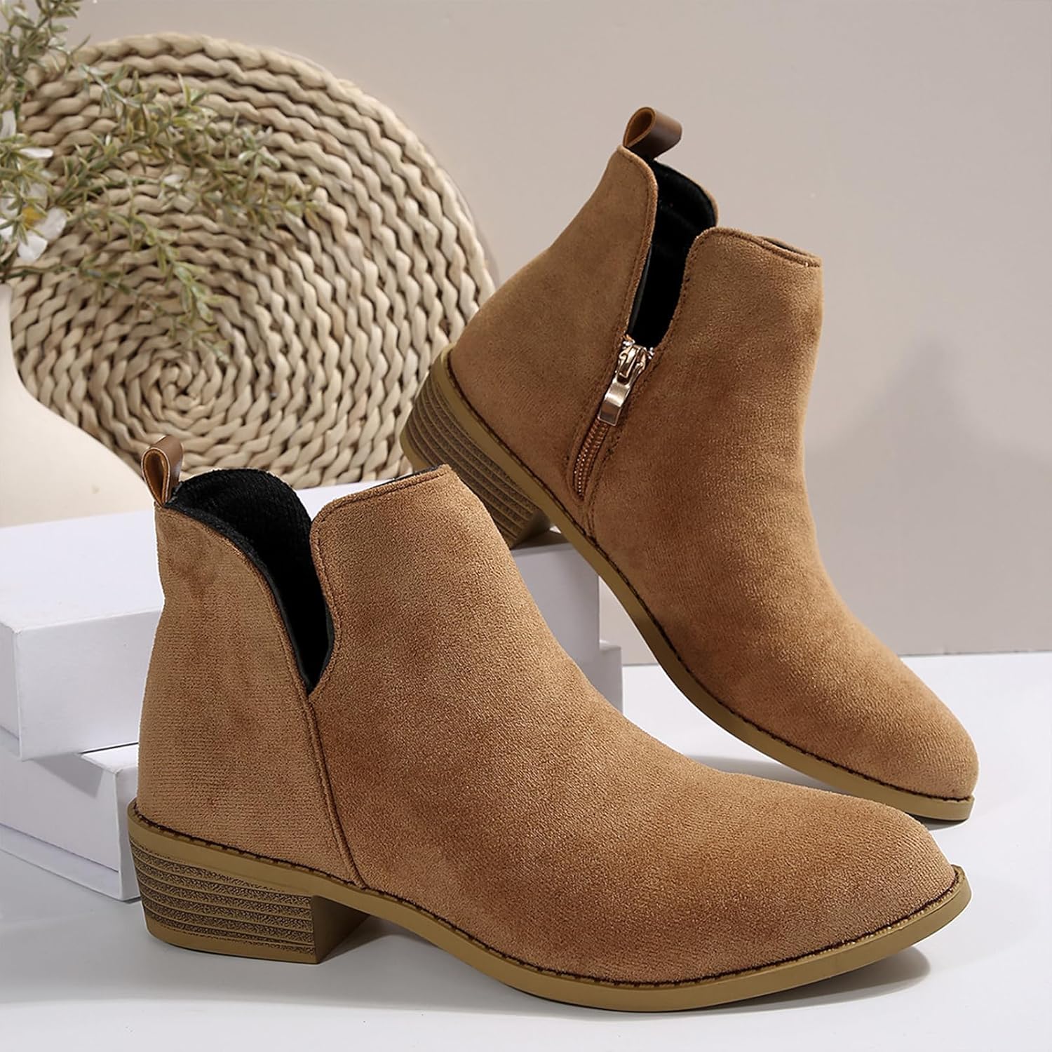 Womens Suede Cork Chunky Heel Ankle Boots Comfortable Side Zipper Round Toe Low Block Heel Booties For Casual Daily Work Office
