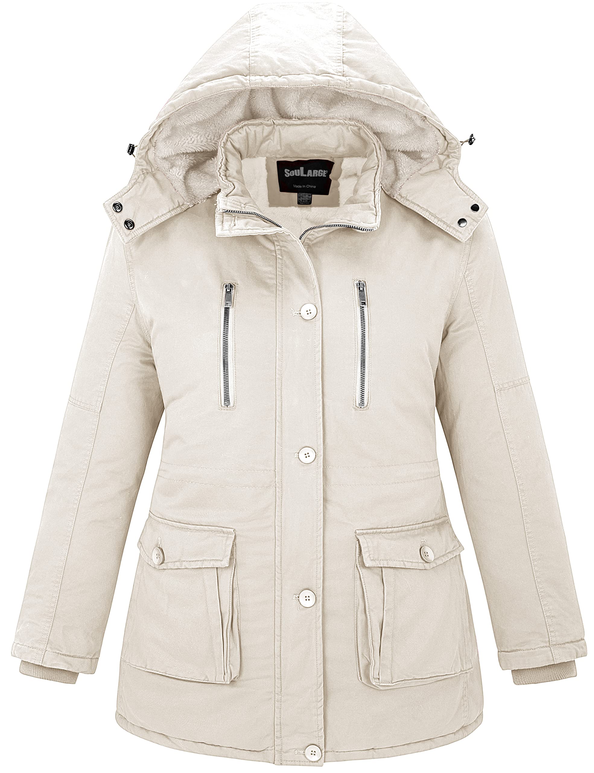 soularge women's winter plus size thickened cotton coat with detachable fur hood(beige,2x)