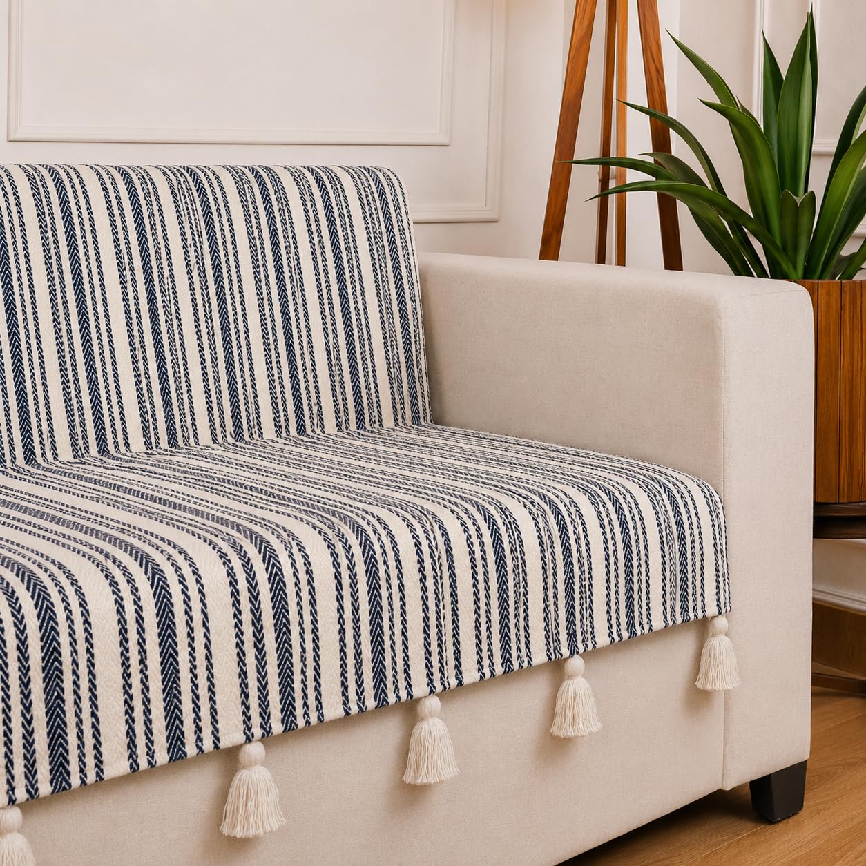 STITCHNEST 'Nomad Weave Collection' 1 Seater Sofa Cover – Full Coverage| Elegant Jacquard Fabric, Decorative Tassels, Washable & Durable for Modern Living