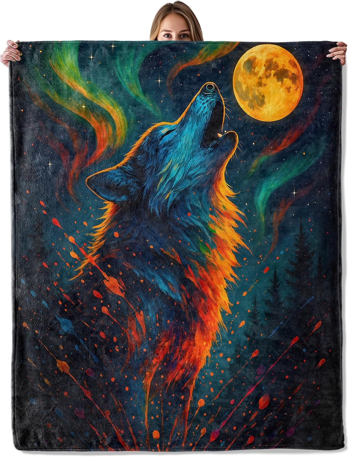 Colorful Wolf Throw Blanket for Adutls Kids, 50x60 in, Cozy Soft Warm Fleece Blankets Gifts for Couch, Camping, Hiking Decor