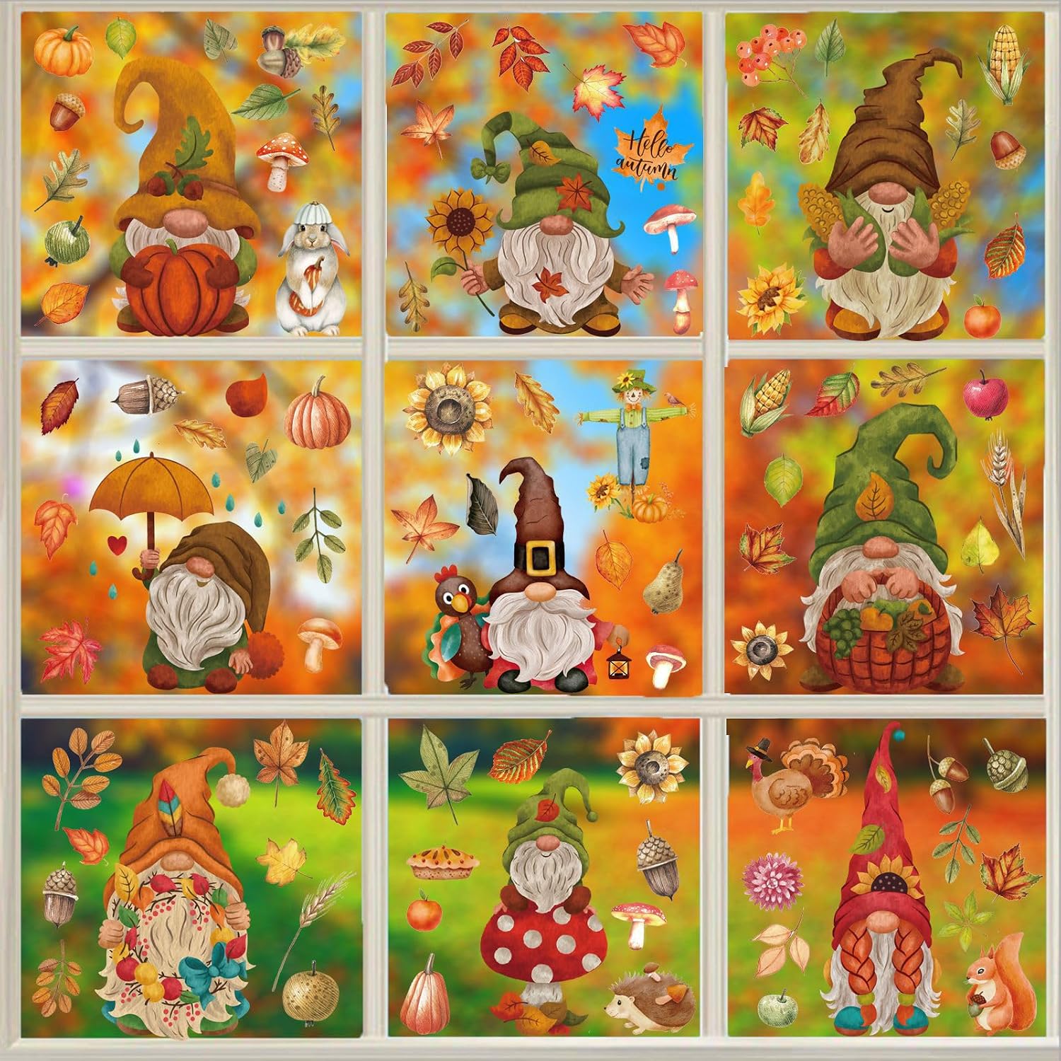 Fall Thanksgiving Day Window Clings Window Decals Harvest Festival Window Wall Stickers for Home Party Decorations Cute Gnome Maple Leaves Pumpkin Stickers 9 Sheets