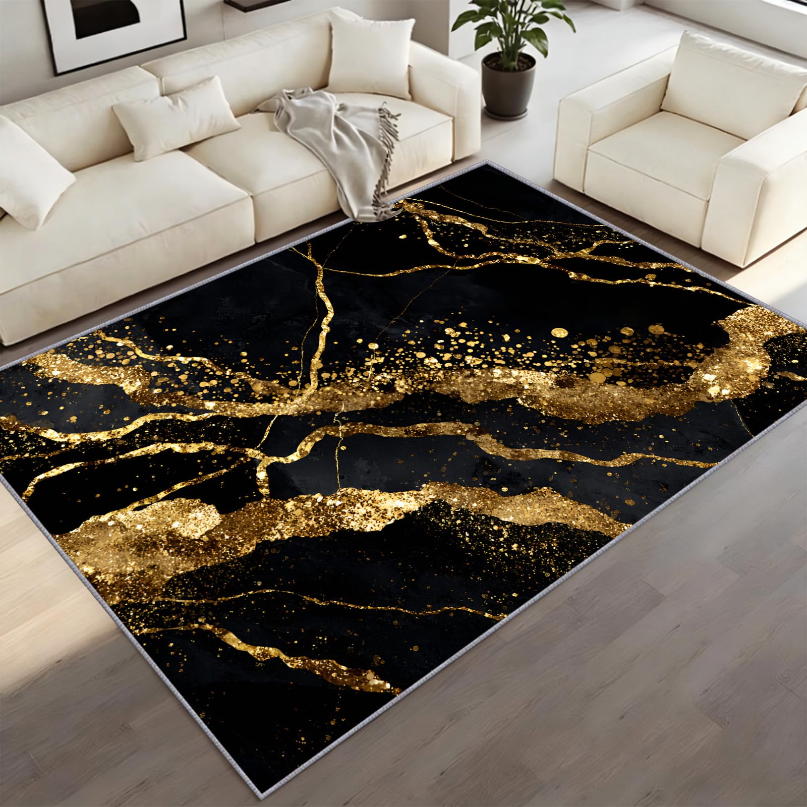 CAQDUEP Black Gold Marble Rug 200x300cm Abstract Marble Texture Area Rugs For Living Room, Modern Luxury Rugs Washable Non-Slip Rug For Bedroom Apartment And Office