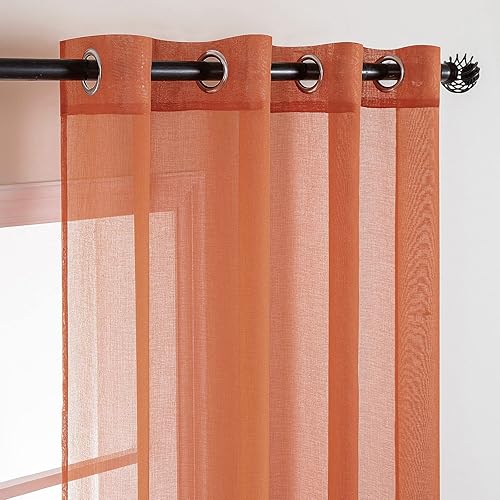 Miniatura 7 de MIULEE Cortinas semitraslúcidas de lino naranja quemado, 2 paneles para sala de estar, dormitorio, casa de campo, cortinas de gasa texturizadas con