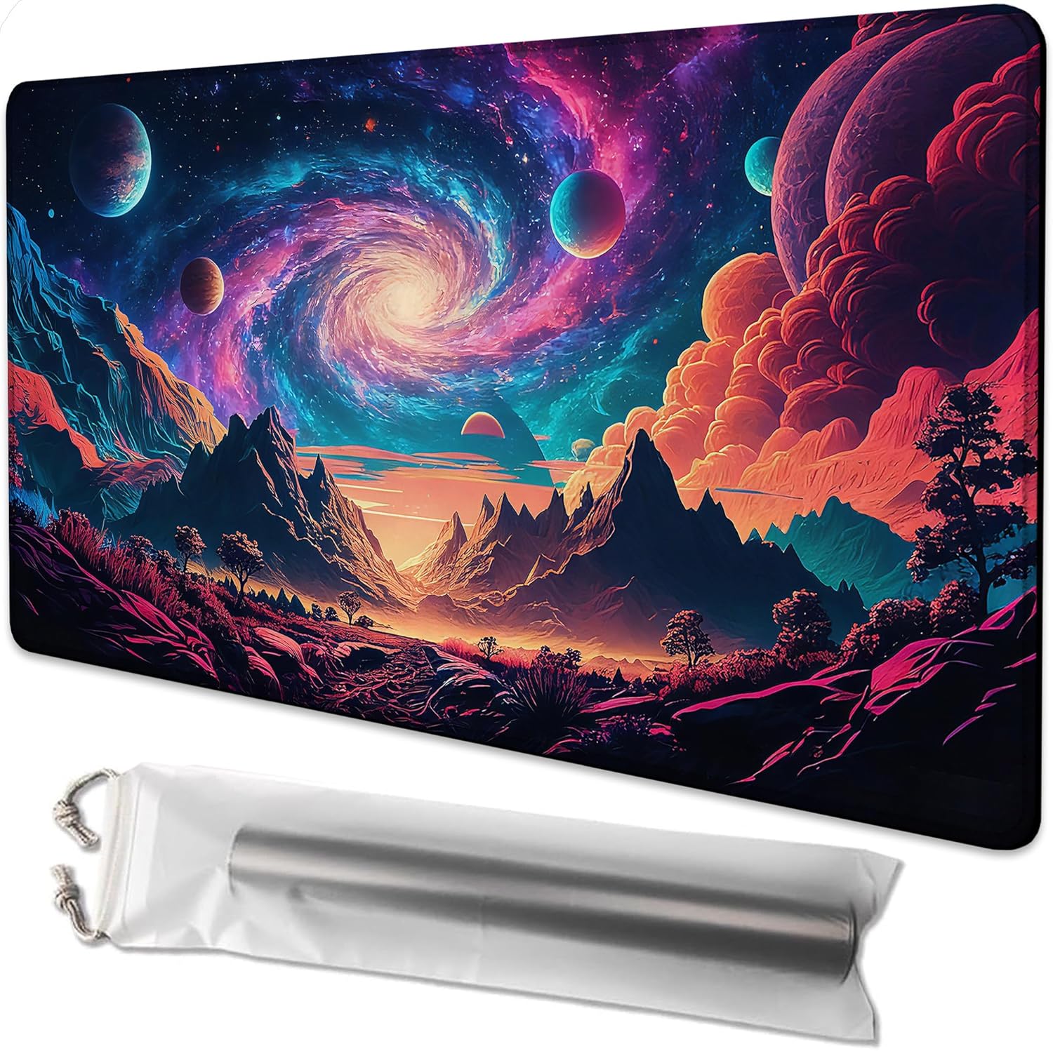 for MTG Playmat 24 x 14 Inches Alien Planet Landscape Magic Play Mat Card Game Mat for Magic The Gathering TCG PTCG Playmat with Free Storage Bags Non-Slip Backing and Stitched Edge
