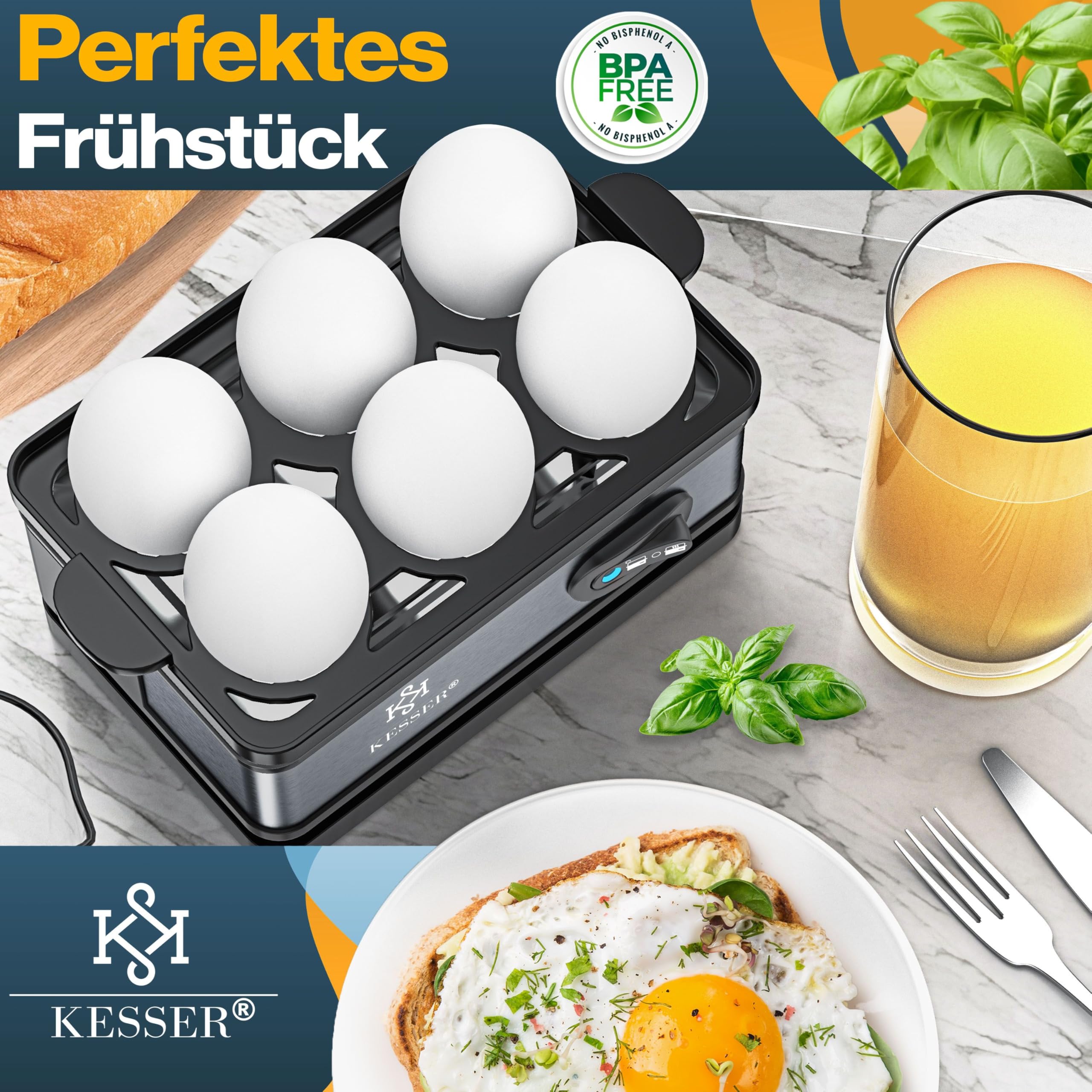 KESSER® Eierkocher für 1 bis 6 Eier elektrisch aus Edelstahl 400W & Warmhaltefunktion | Kipp-Funktionsschalter drei Härtegrade | BPA-Frei & Spülmaschinenfest | Messbecher & 2x Omlettschalen, Anthrazit