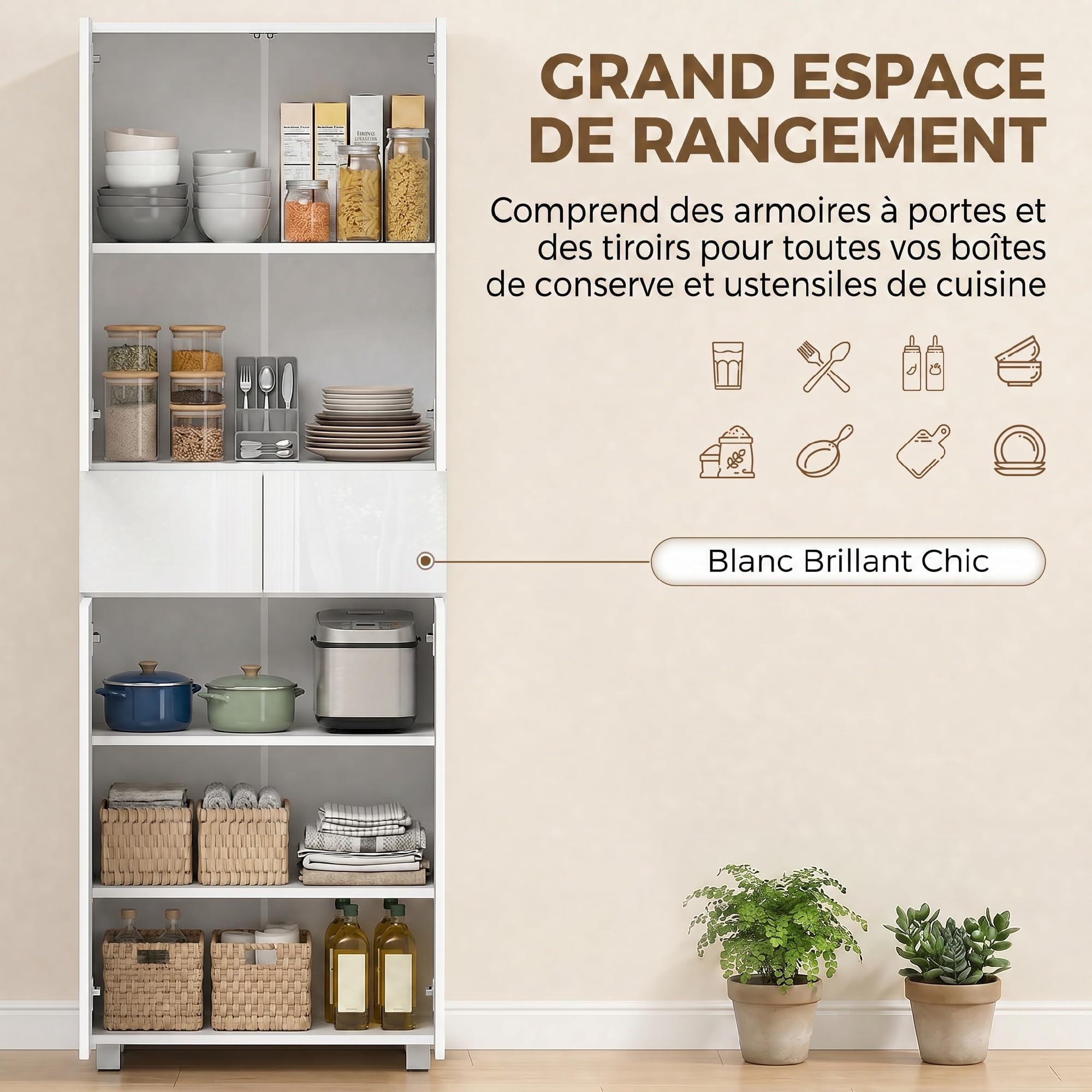 HOMCOM Armoire Cuisine, Moderne, 2 Tiroirs, 60 x 35 x 170 cm Blanc Laqué | Buffet de Cuisine Haut, Meuble de Rangement, 4 Portes Ouverture par Poussée, Étagères Réglables