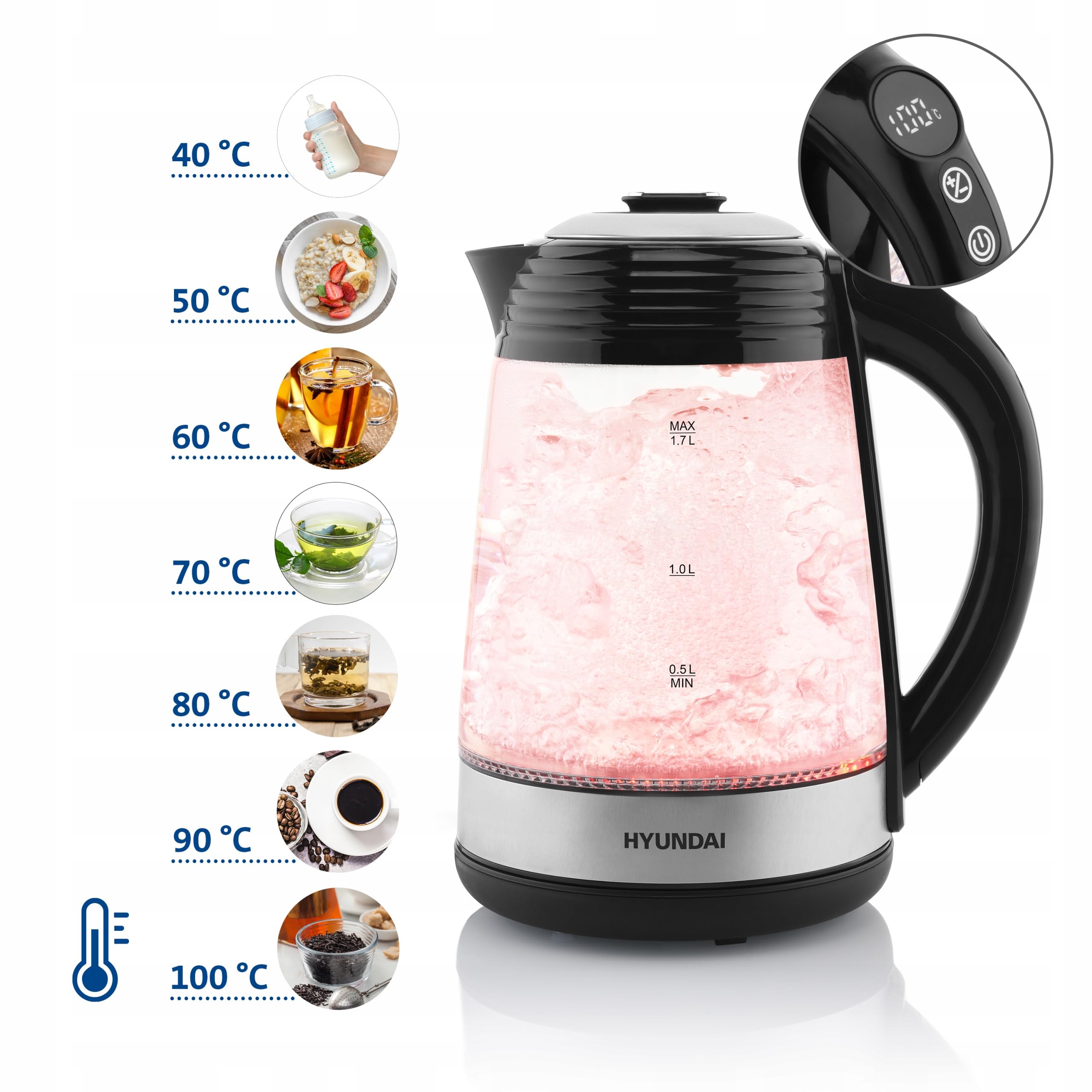 HYUNDAI VK 780 - Hervidor de agua de cristal con 7 ajustes de temperatura, 40-100 °C, iluminación LED, función de mantenimiento del calor, 1,7 litros, 2200 W