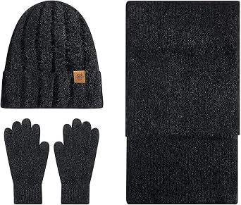 Womens Winter Warm Knit Beanie Hat Touchscreen Gloves Long Neck Scarf Set 3 in 1 with Fleece Lined Skull Caps Gifts for Women