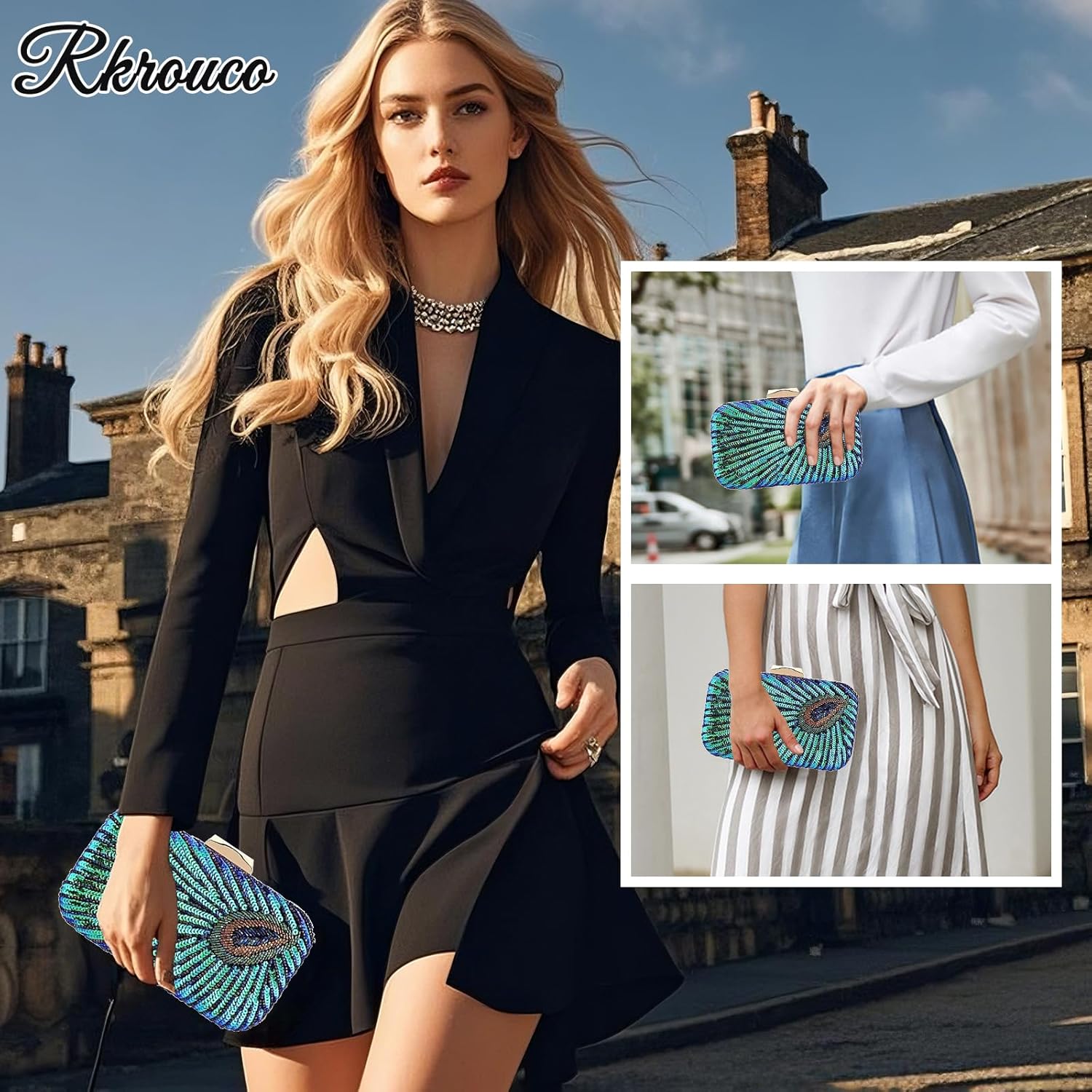 Peacock Evening Bags Clutch Purse for Women Bead Sequins Vintage Purses Crossbody Handbags with Detachable Chains - Image 2