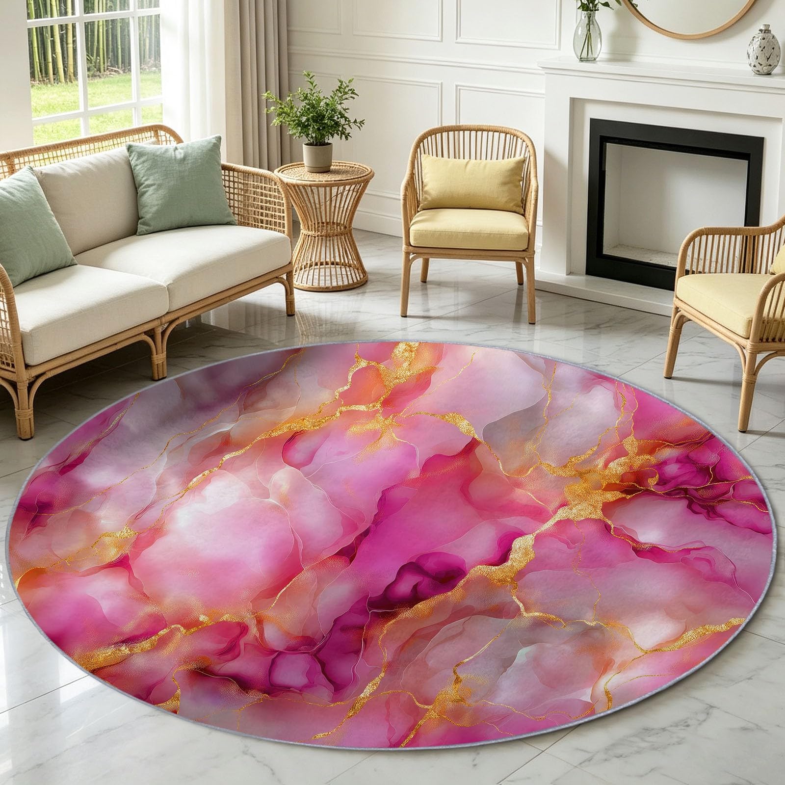 Tappeto rotondo con texture in marmo dorato, 90 cm, morbido, lavabile in lavatrice, per interni, antiscivolo, a pelo basso, per soggiorno, cucina, camera da letto, sala da pranzo, decorazione viola