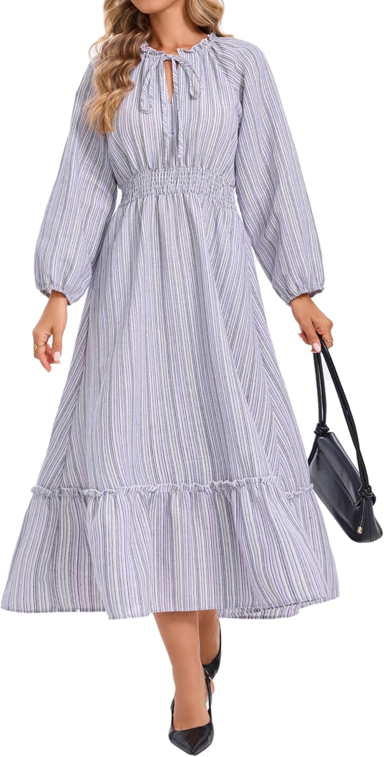 Women's Boho Midi Dress Striped Tie V Neck Smocked Empire Waist Long Sleeve with Pockets